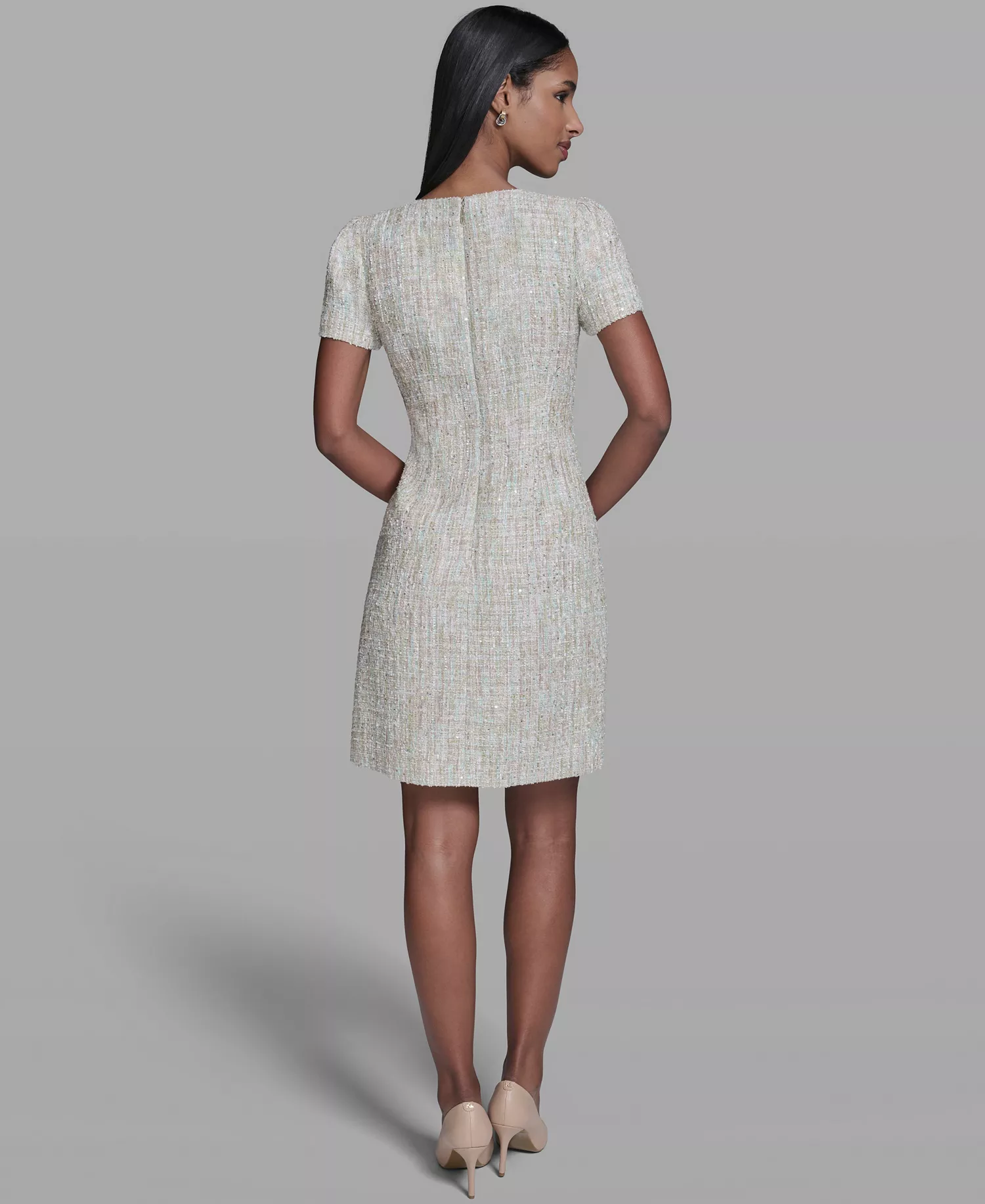 Women's Sequined Textured Crewneck Dress - Tea Green Multi - 0