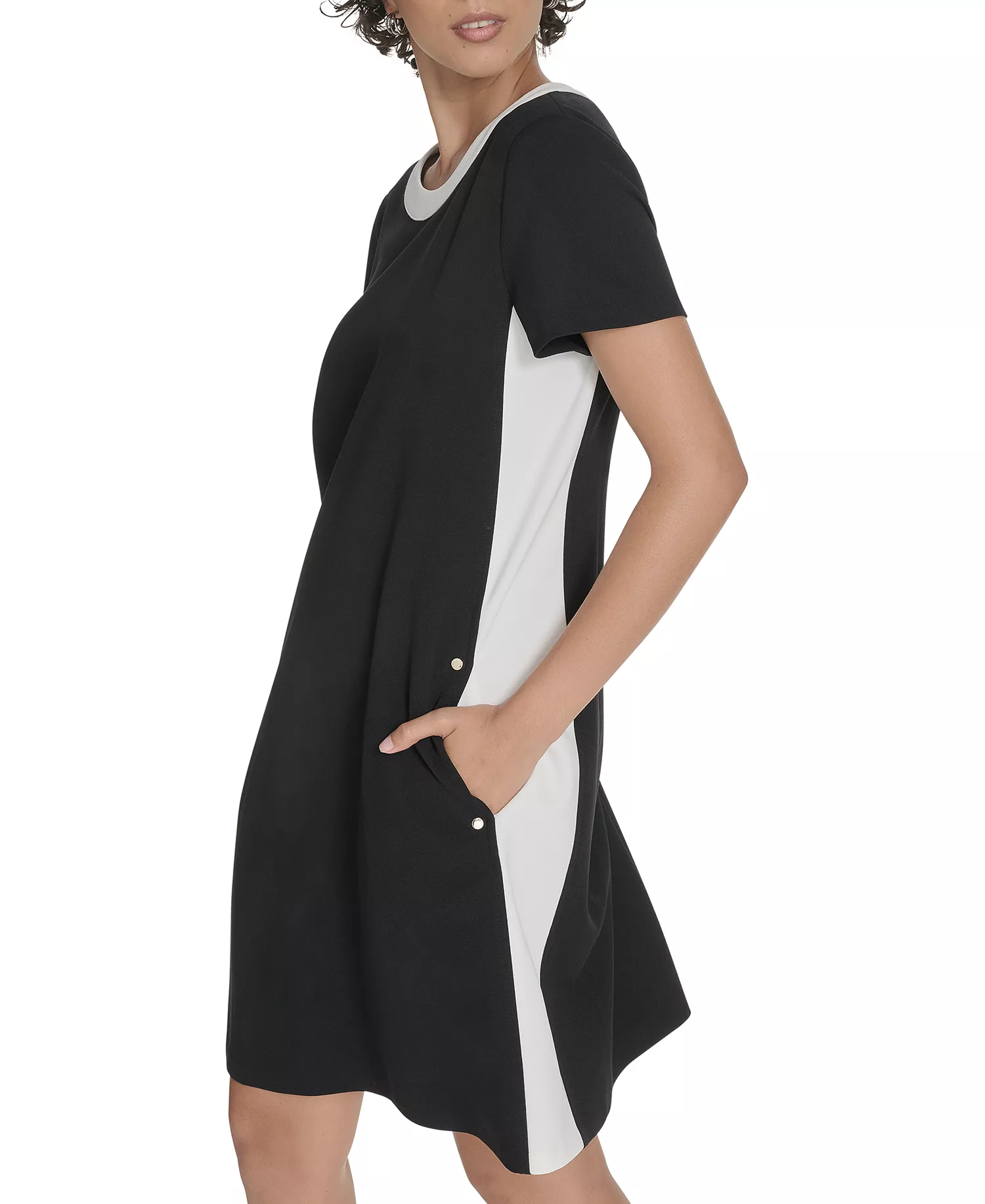 Women's Short-Sleeve Scuba Crepe Shift Dress - Black/Ivory - 10