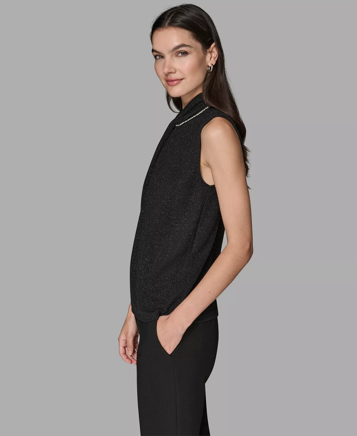 Women's Sleeveless Rhinestone-Collar Knit Top - Black - L