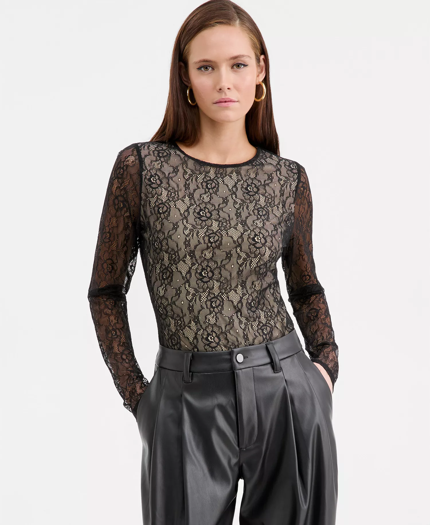 Women's Long-Sleeve Lace Thong Bodysuit, Macy's Exclusive - Deep Black - L