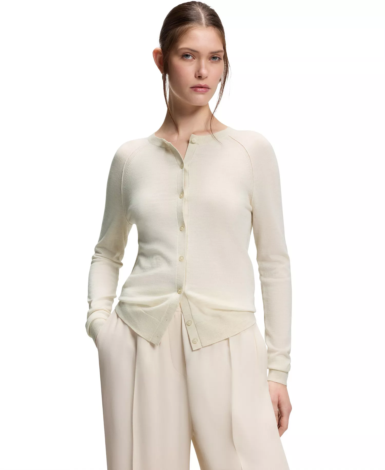 BOSS by Women's Extra-Fine Merino Wool Button-Up Cardigan Sweater - Open White - L