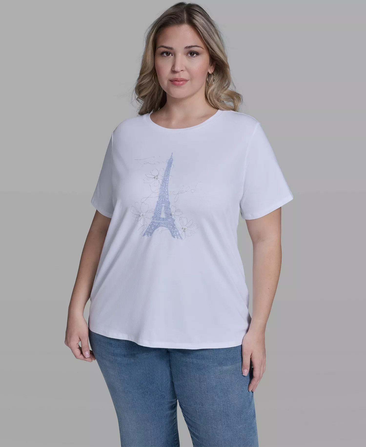 Plus Size Embellished Eiffel T-Shirt - White - 0X