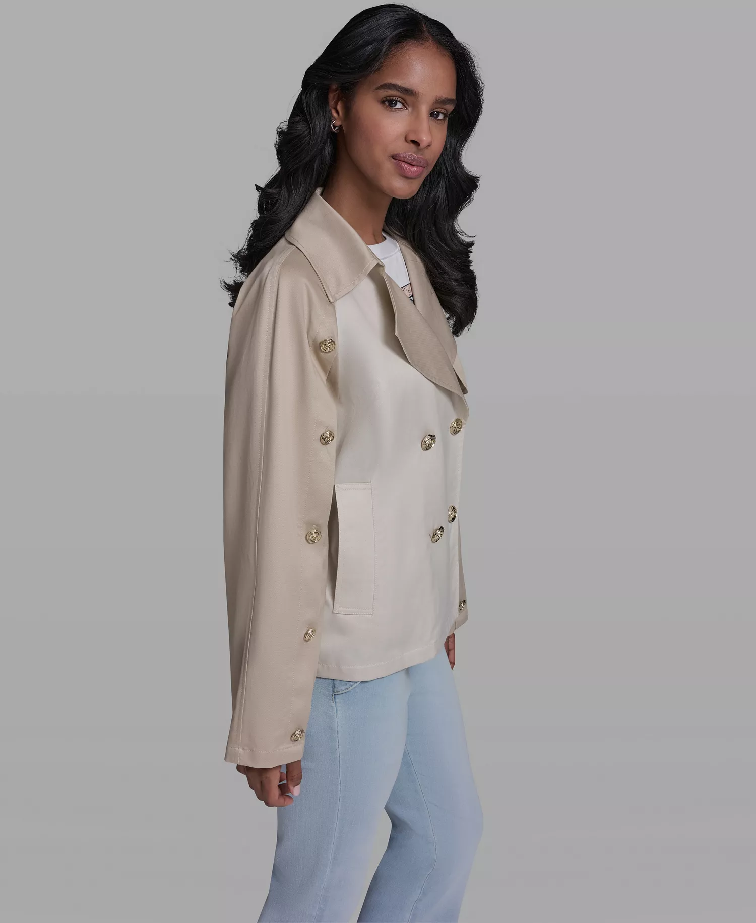 Women's Crop Trench Button-Sleeve Quilted Back Jacket - French Beige - L