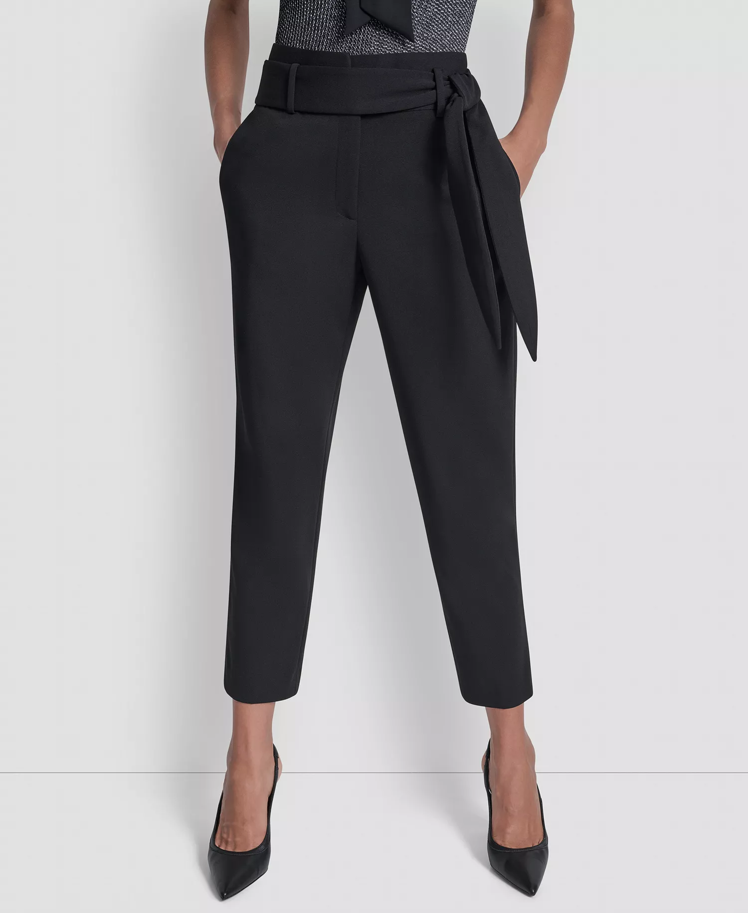 Women's Tie-Waist High-Rise Straight-Fit Pants  - Black - 0