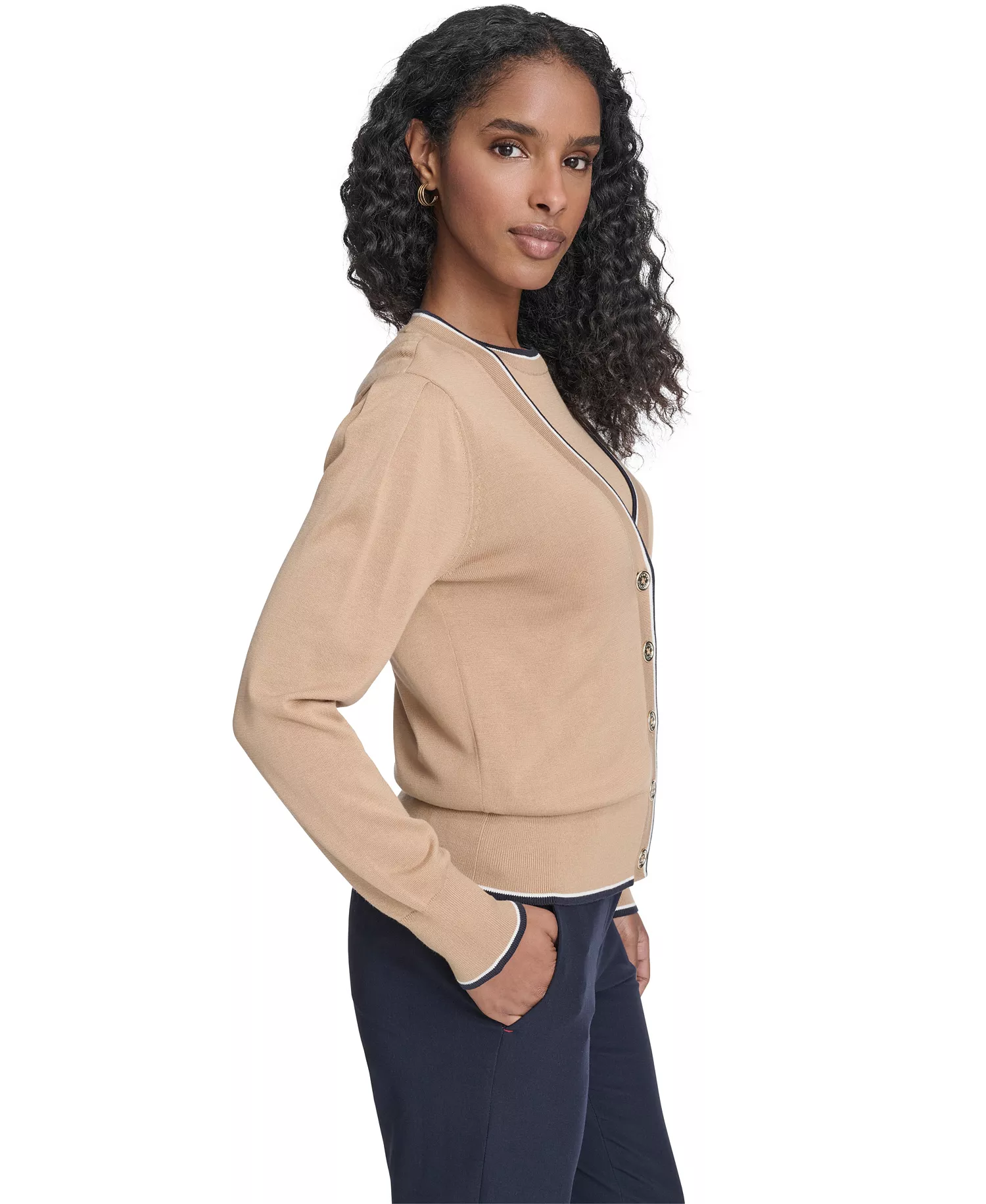 Women's Tipped V-Neck Cardigan Set - Tannin Multi - L