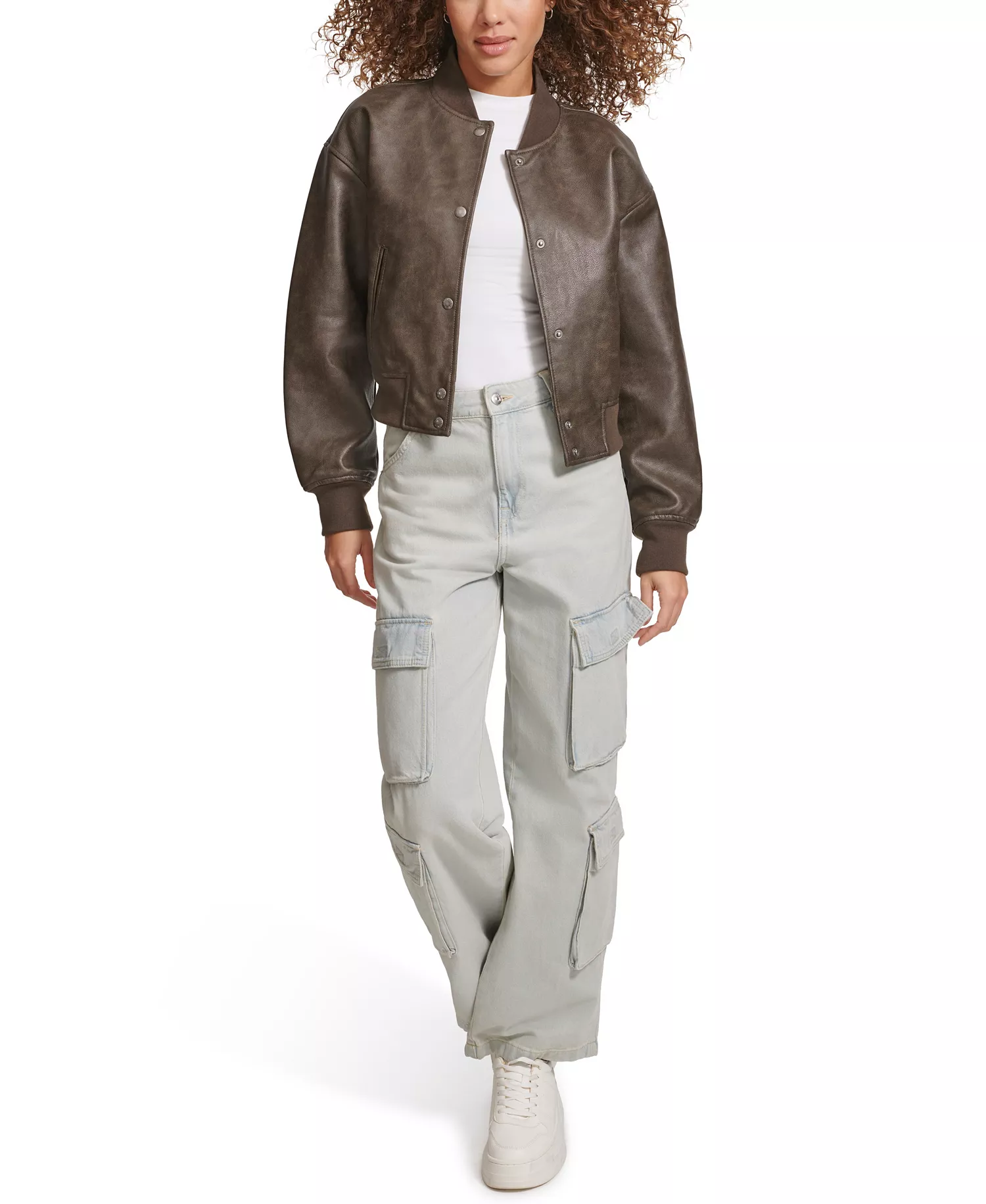 Women's Faux Leather Varsity Bomber Jacket - Ash - L