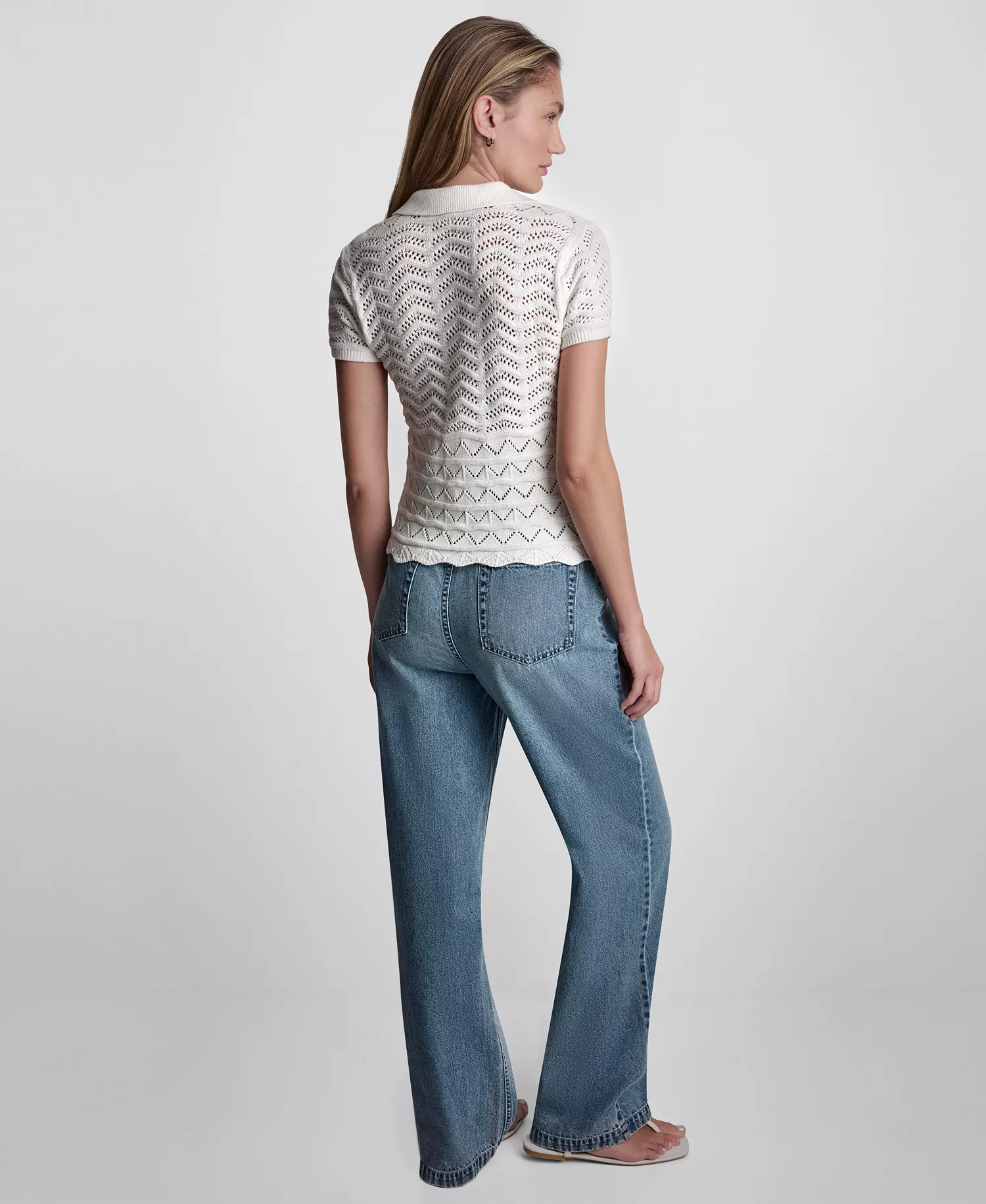 Petite Short-Sleeve V-Neck Polo Pointelle Sweater - Ivory - PL