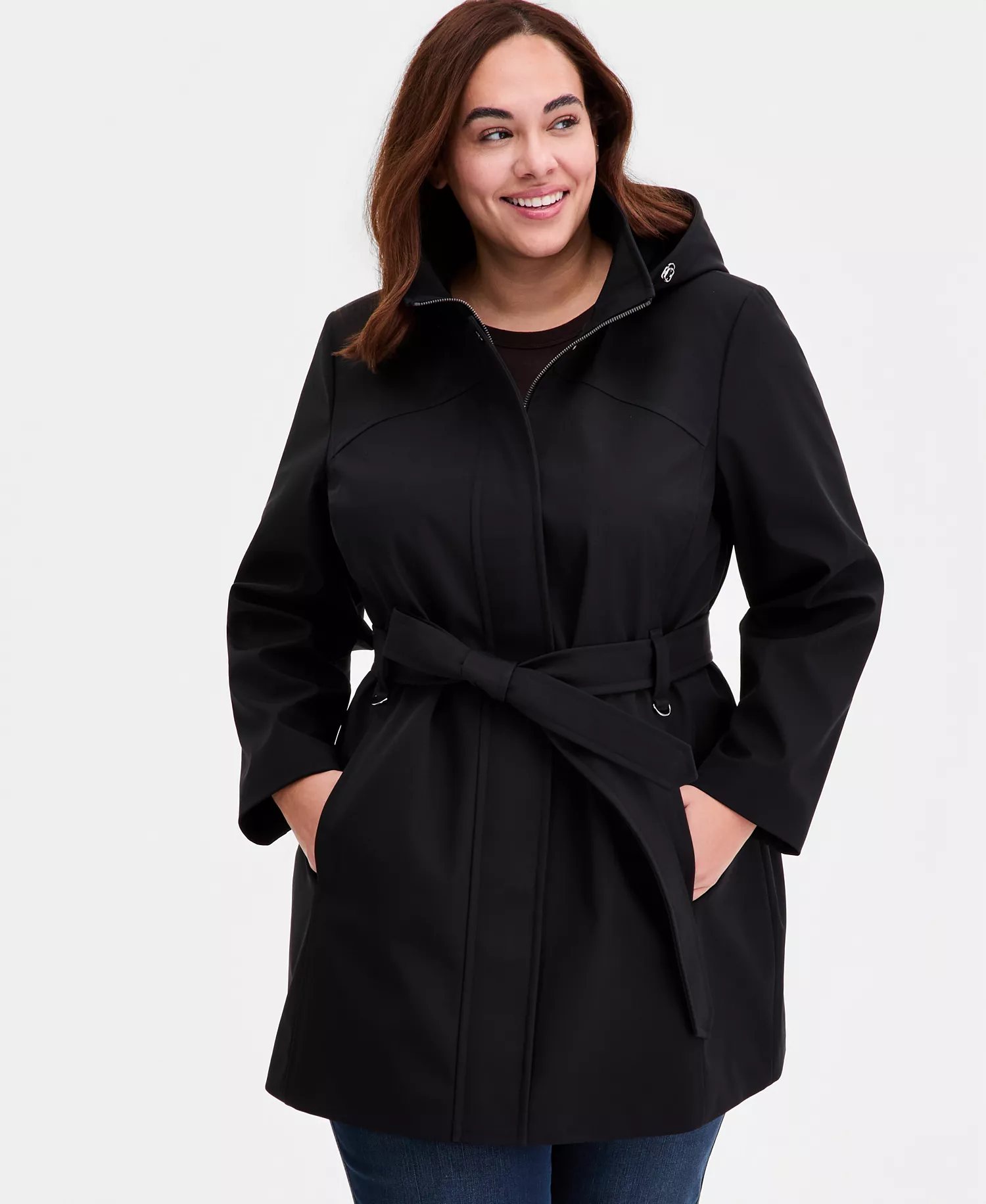 Plus Size Belted Hooded Zip-Front Raincoat - BLACK - 0X