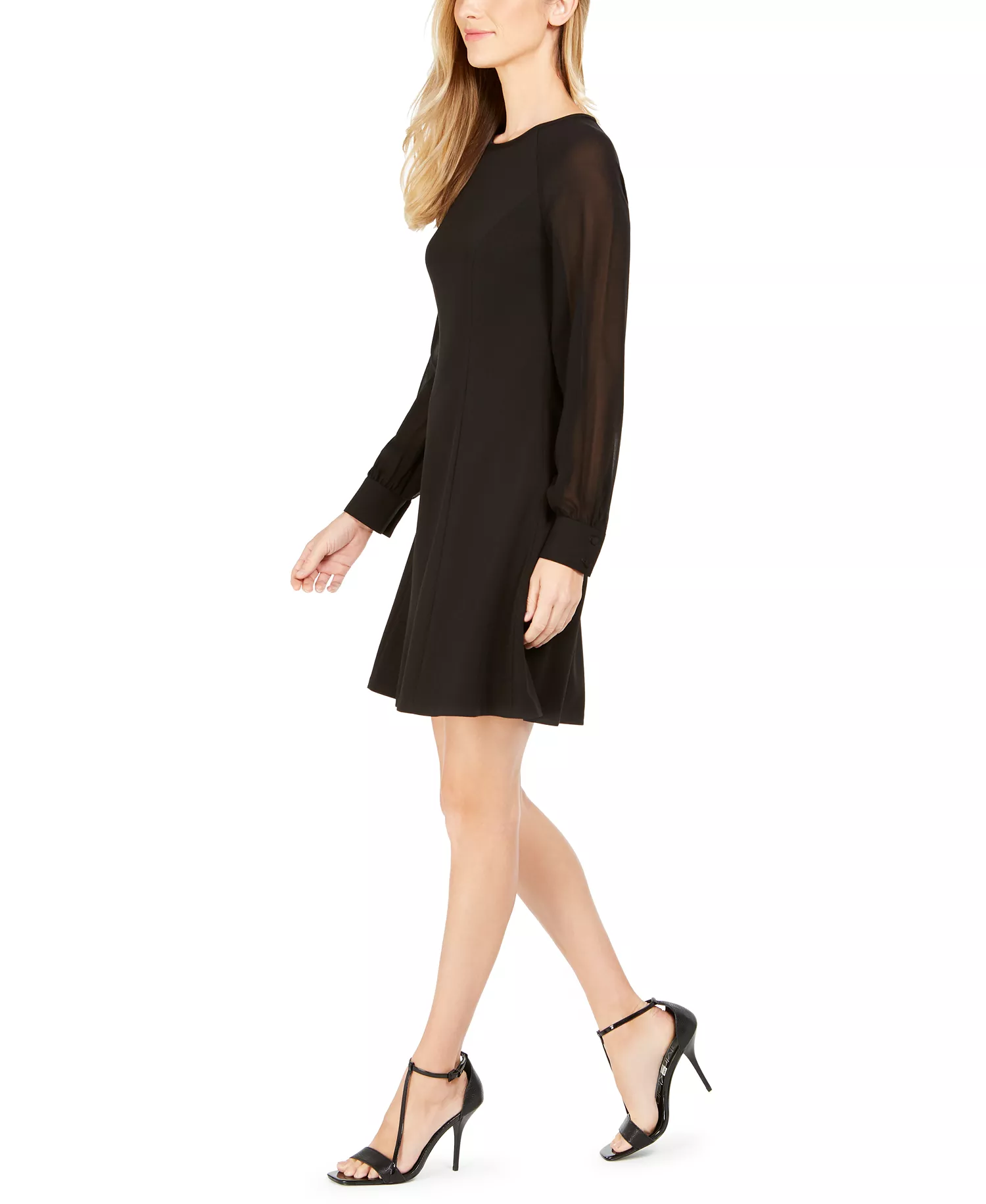 Illusion-Sleeve A-Line Dress - Black - 2