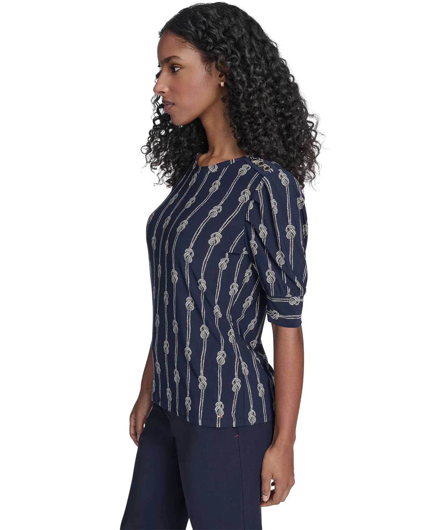 Women's Rope Knot Short Sleeve Crewneck Top - Midnight Multi - L