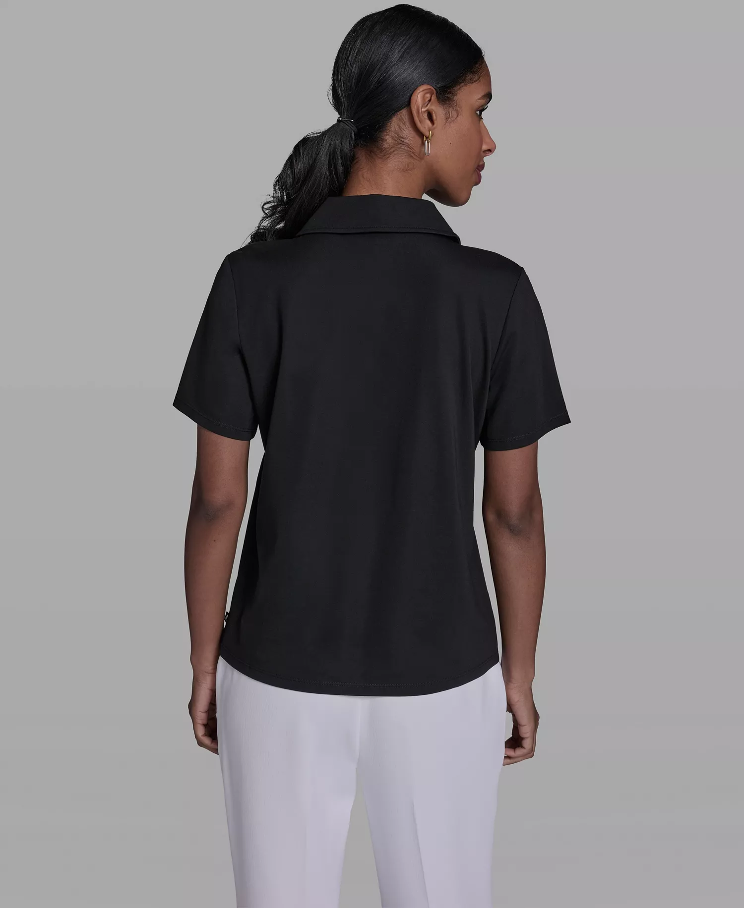 Women's Short-Sleeve Rose Embroidered Collared Blouse - Black - L