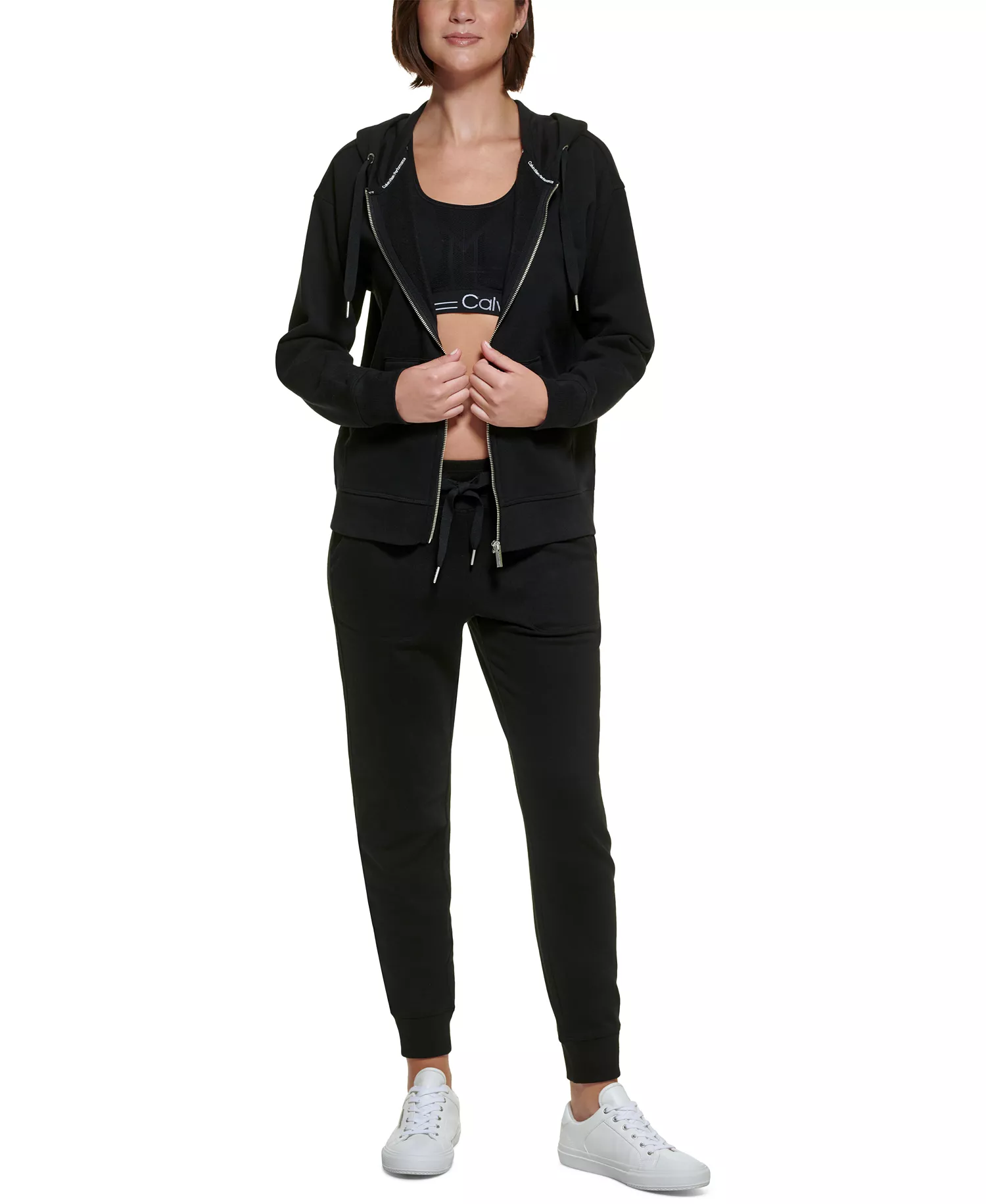 Women's Fleece Long-Sleeve Zip-Front Hoodie - Black - L