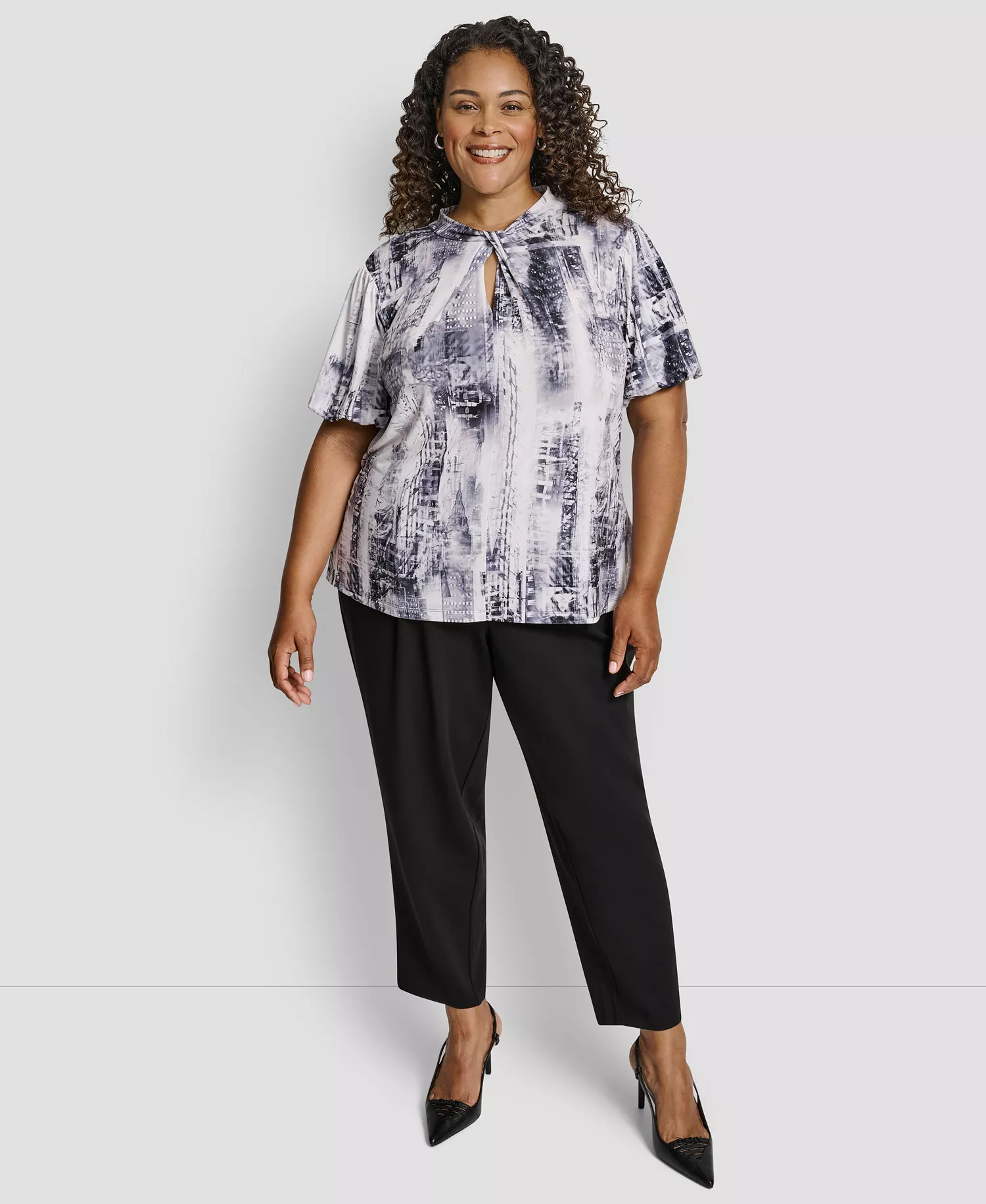 Plus Size Loop Neck Balloon Sleeve Top - Graphite/Stone Gray Multi - 1X