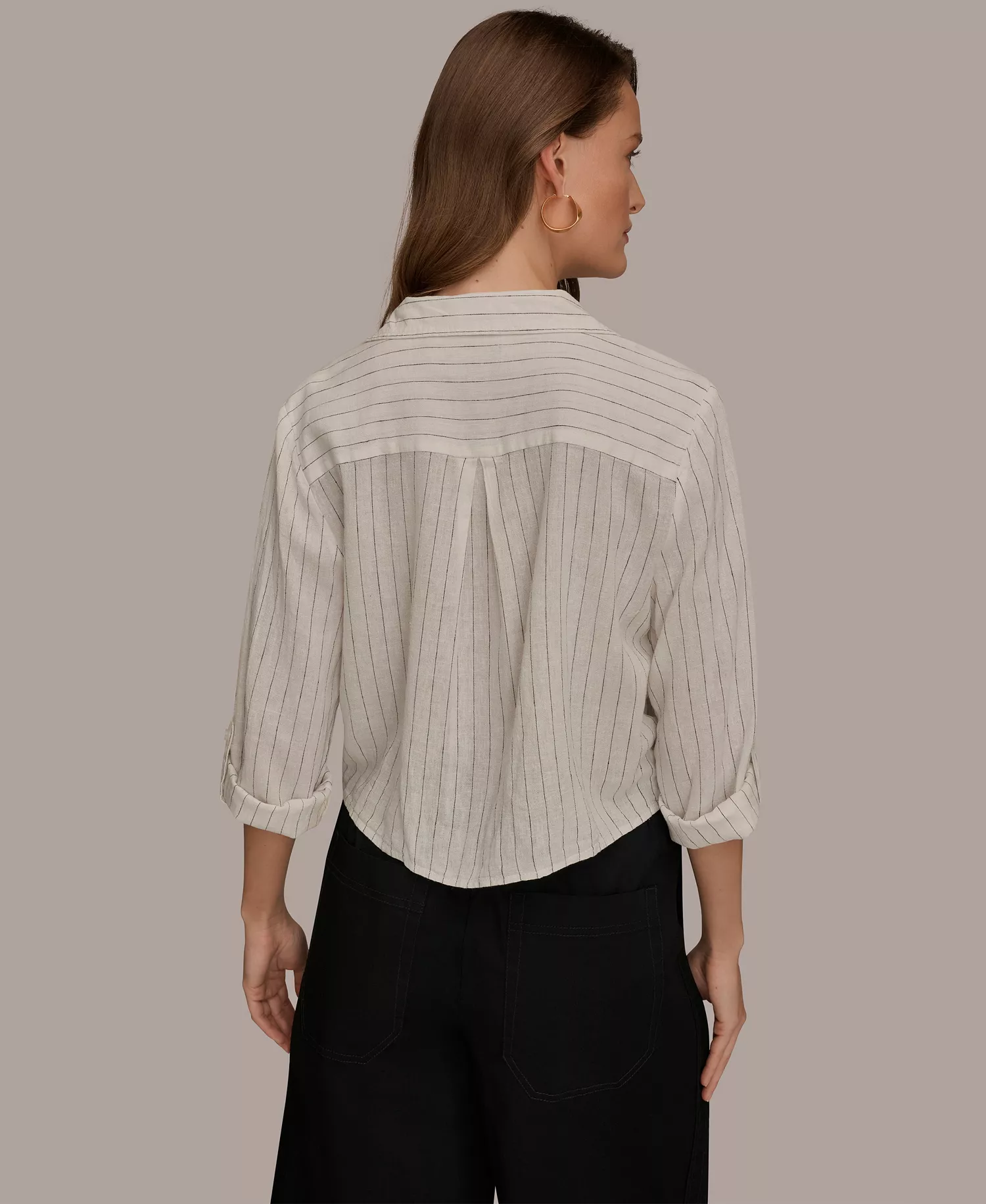 Women's Linen Button-Front Tie Blouse - Cream/Black - L