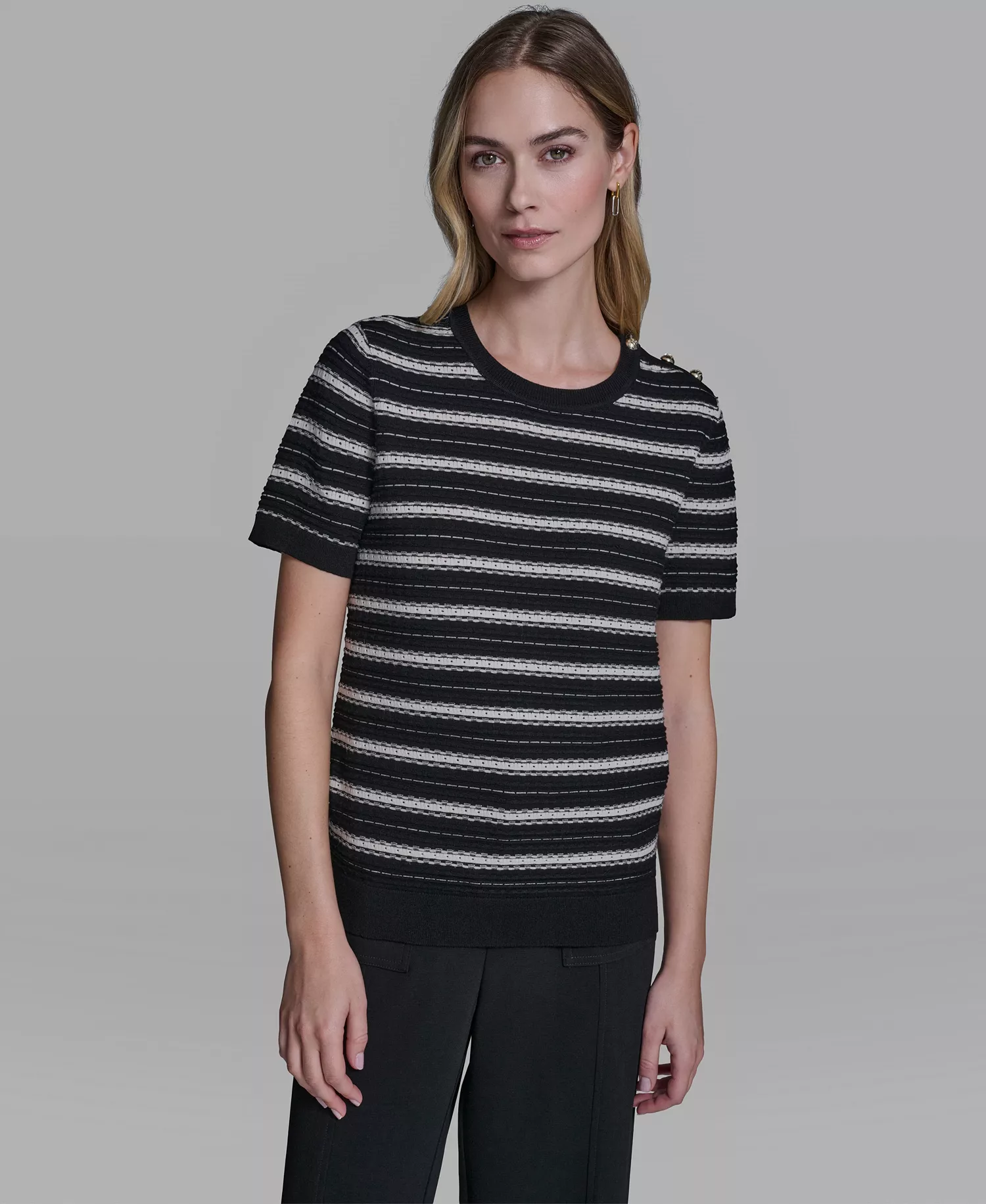 Women's Striped Crew Neck Pointelle Sweater - Black/bisque - L