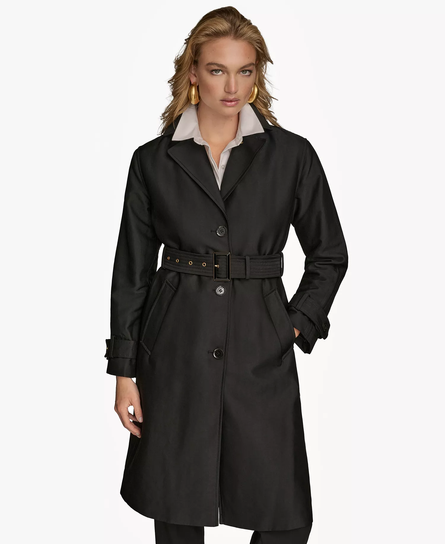 Women's Single-Breasted Belted Trench Coat - Black - L
