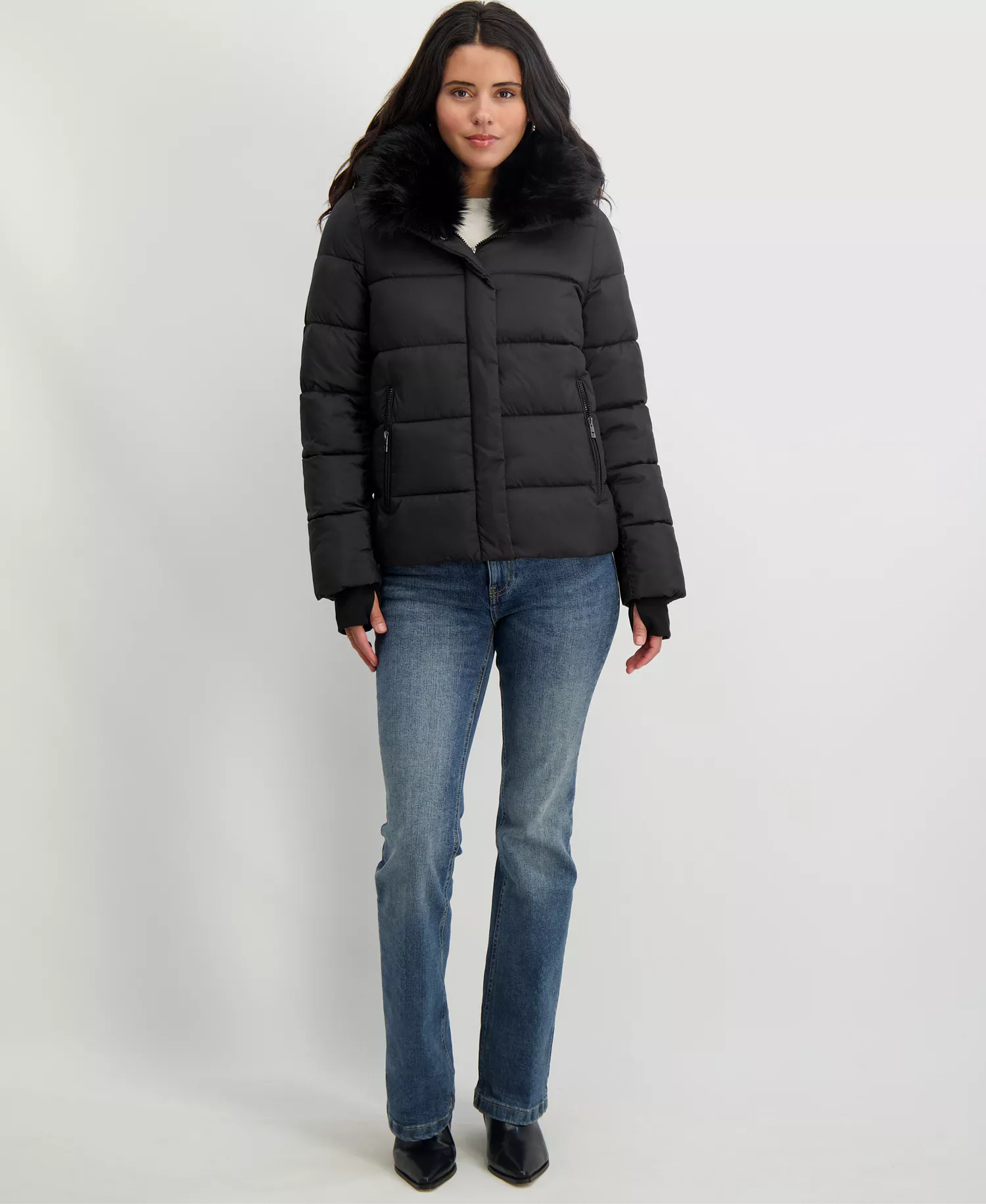 Women's Faux-Fur-Collar Hooded Puffer Coat - Black - S