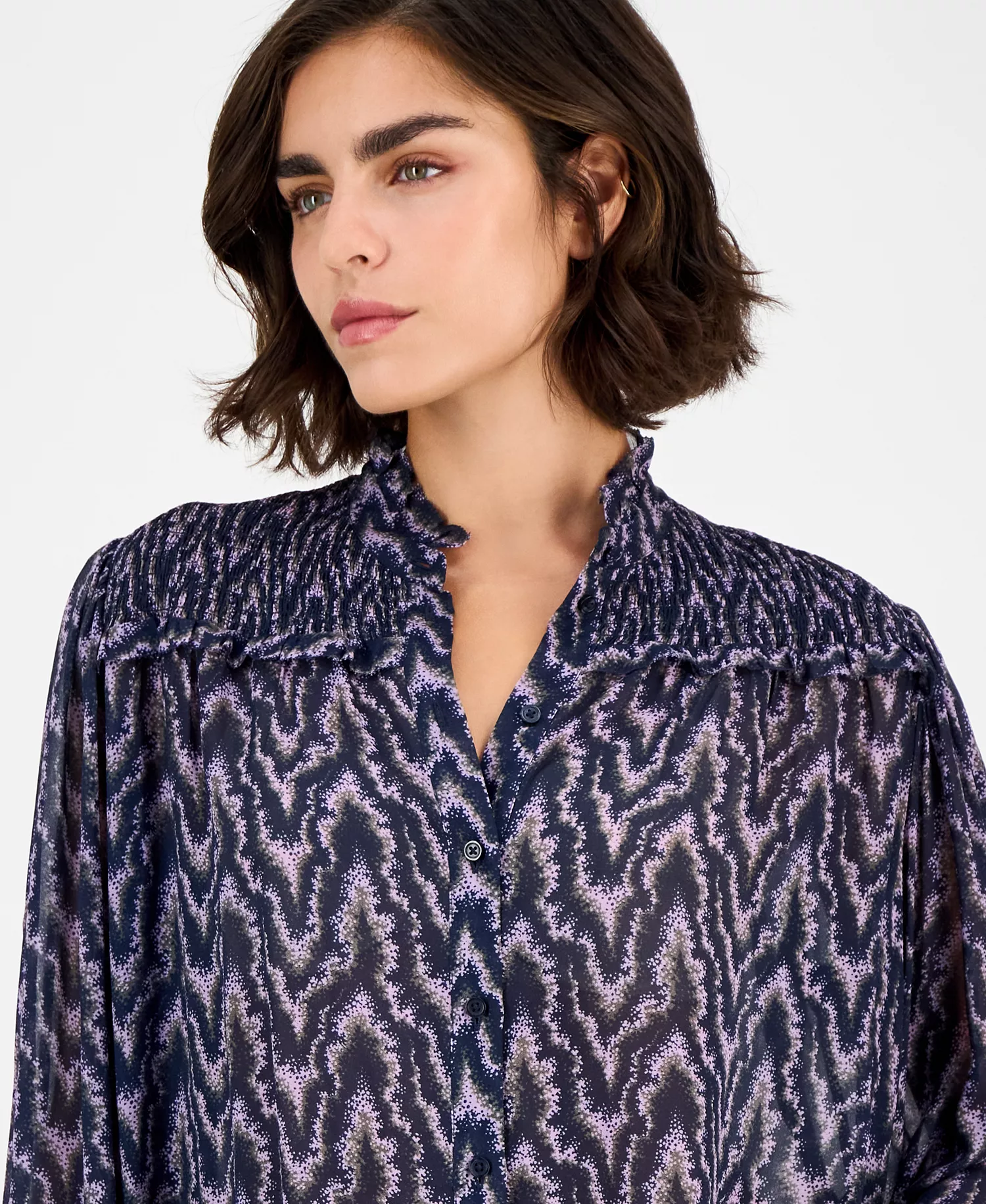 Women's Smocked Mock Neck Blouse - Amethyst Print - 14