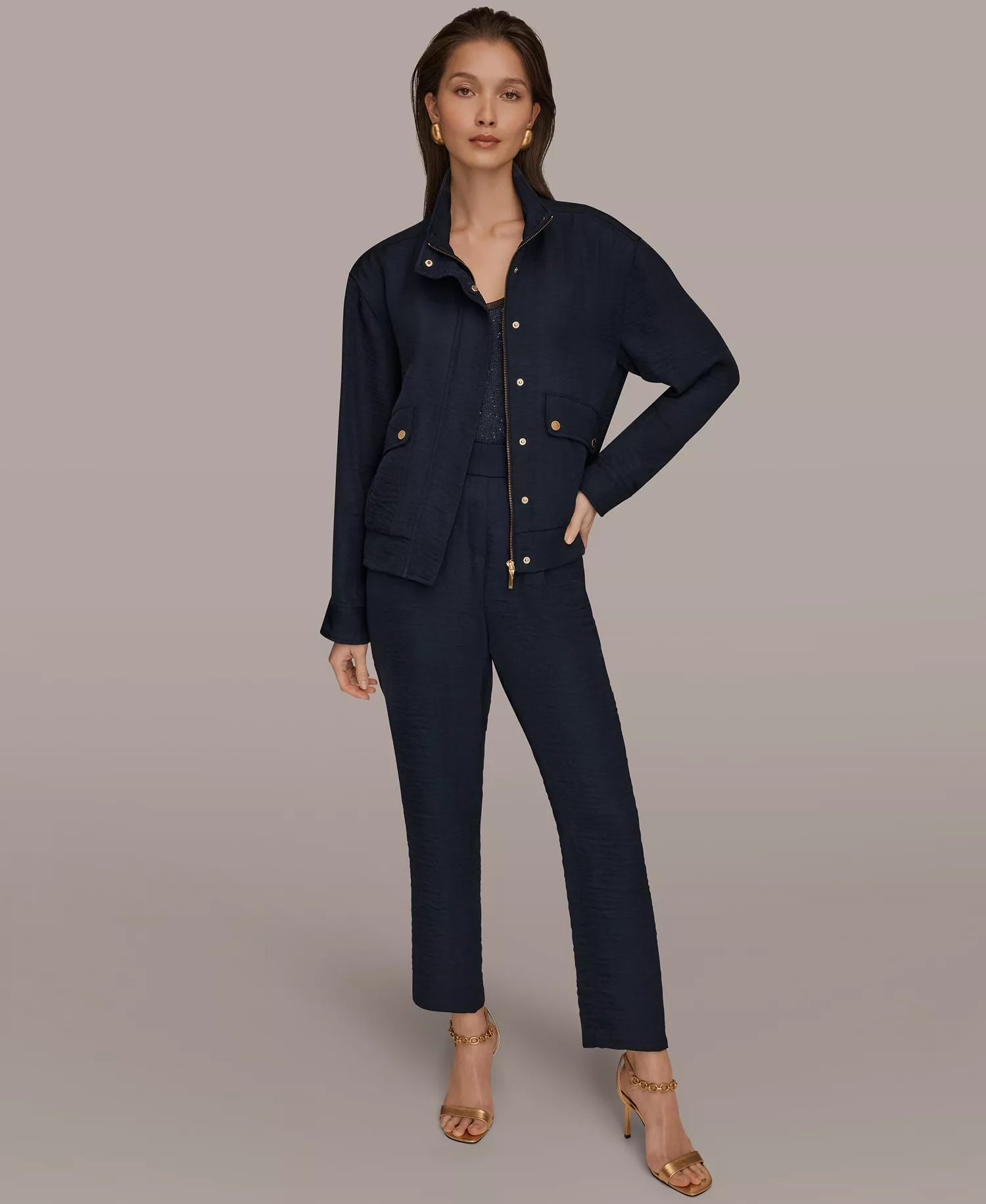 Women's Zip-Up Jacket, Cowl Neck Top and Pleated Straight Pants - Nightfall - L