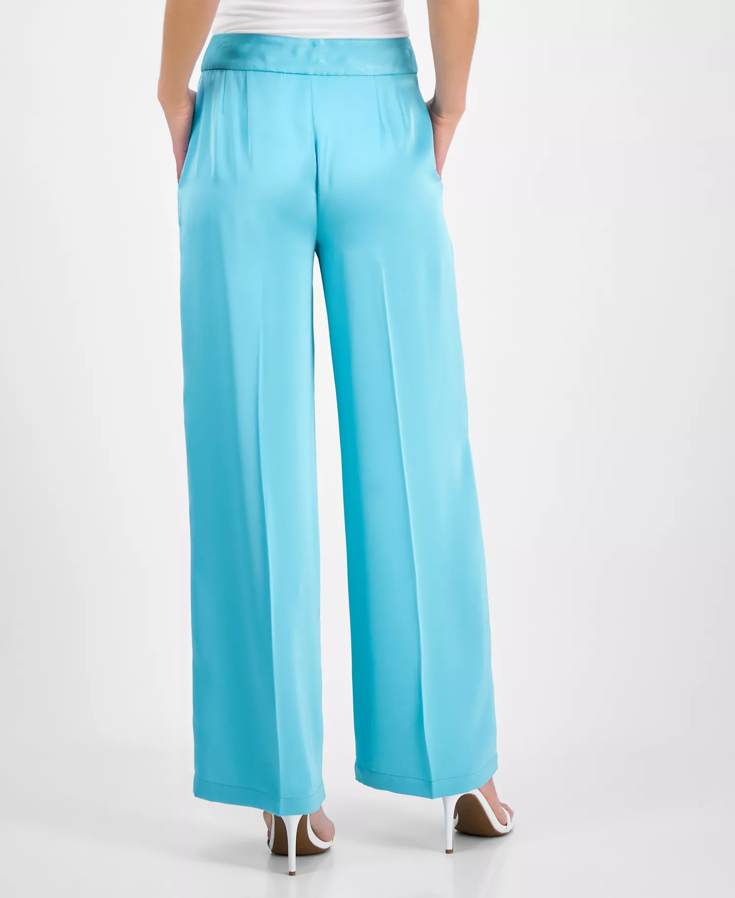 Women's Satin Mid-Rise Wide-Leg Pants - Turquoise - 18