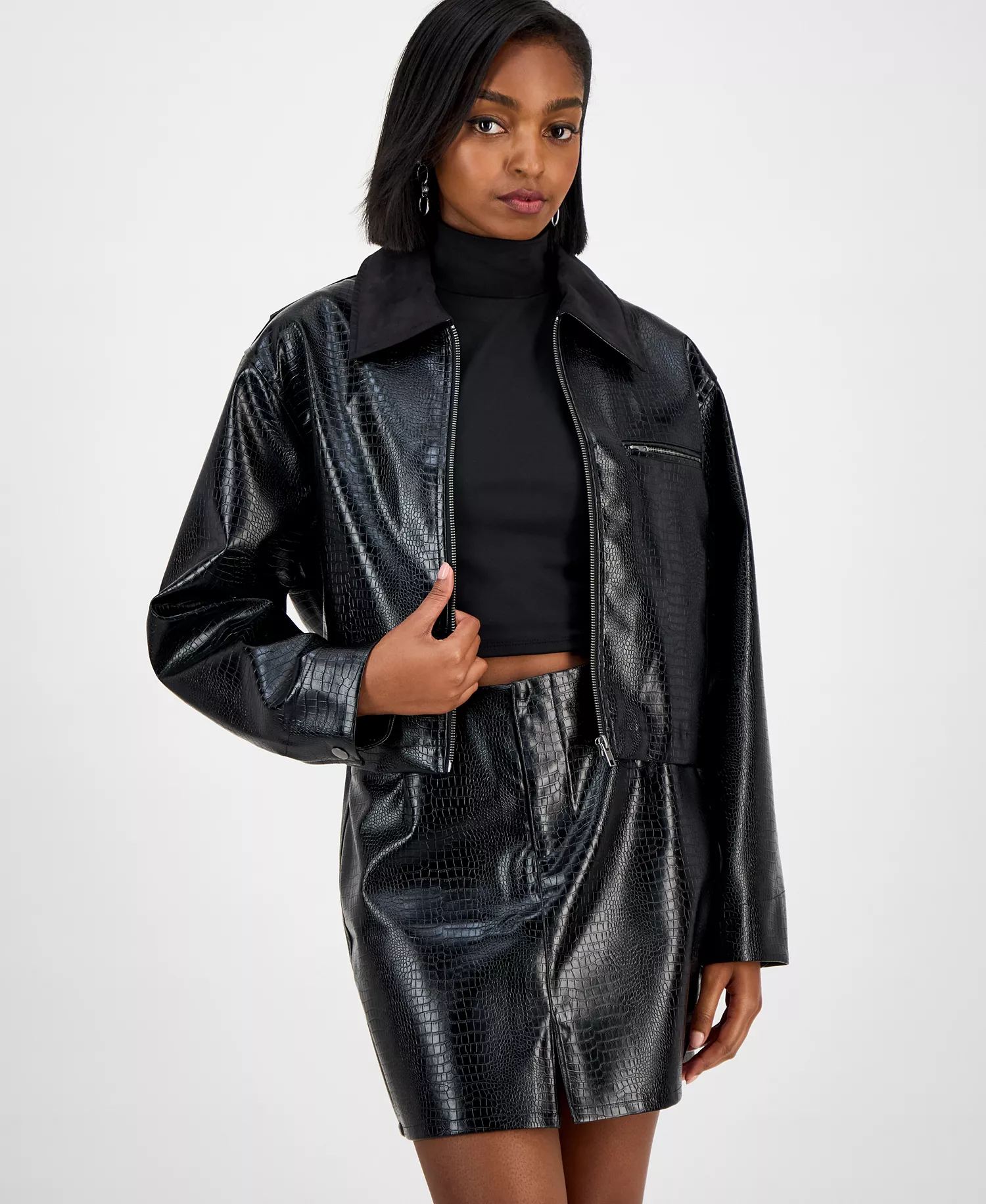 Women's Embossed Faux Leather Cropped Jacket, Macy's Exclusive - Deep Black - M