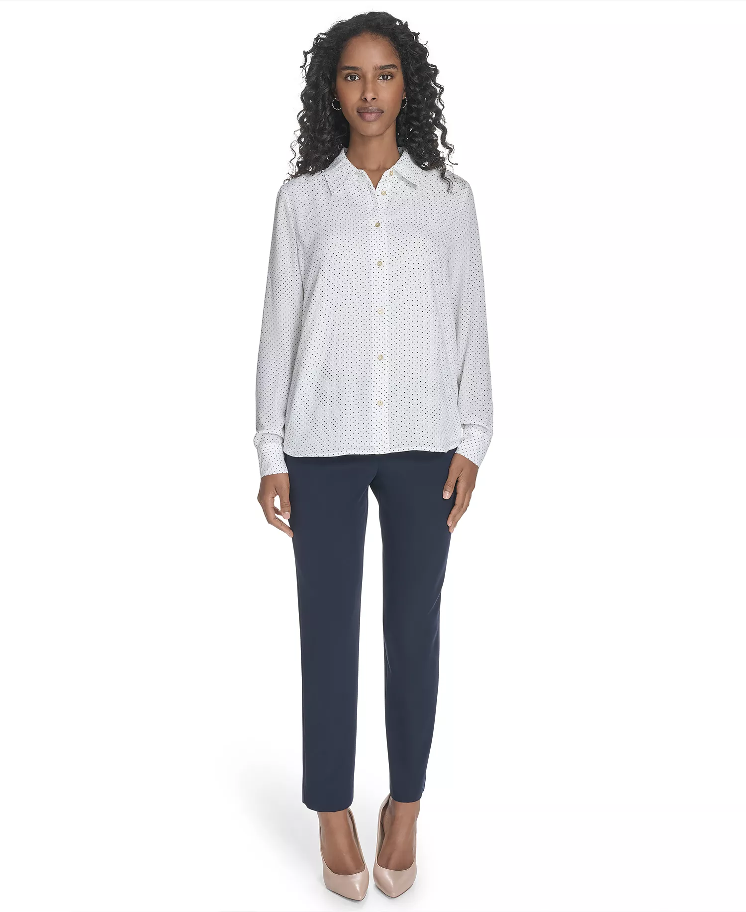 Women's Slim-Fit Pin-Dot Roll-Tab-Sleeve Shirt - Ivory/ Midnight - L