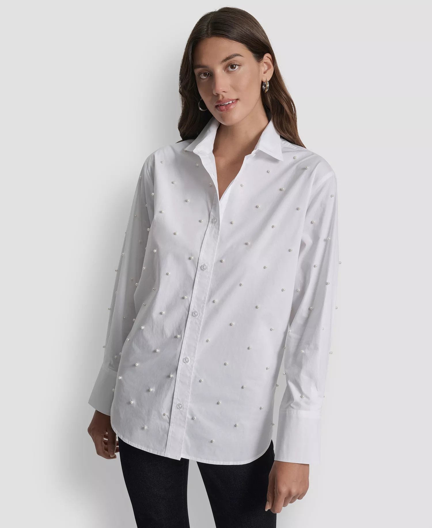 Women's Imitation Embellished Long Sleeve Shirt - White - PL