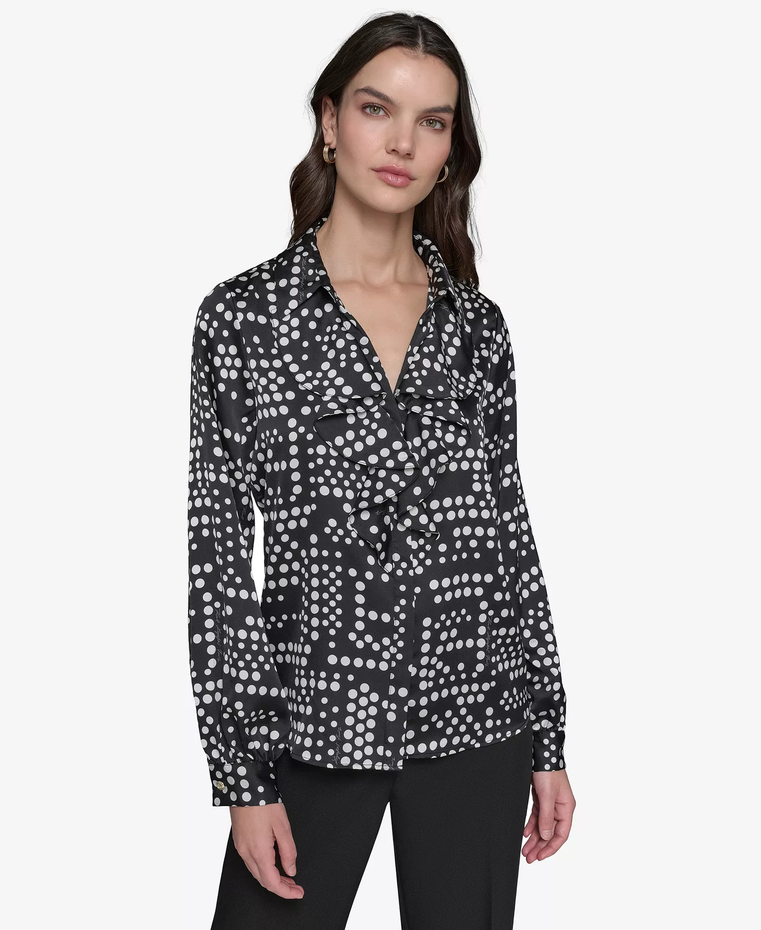 Women's Ruffled Dot-Print Blouse - Black/ Soft White Multi - L