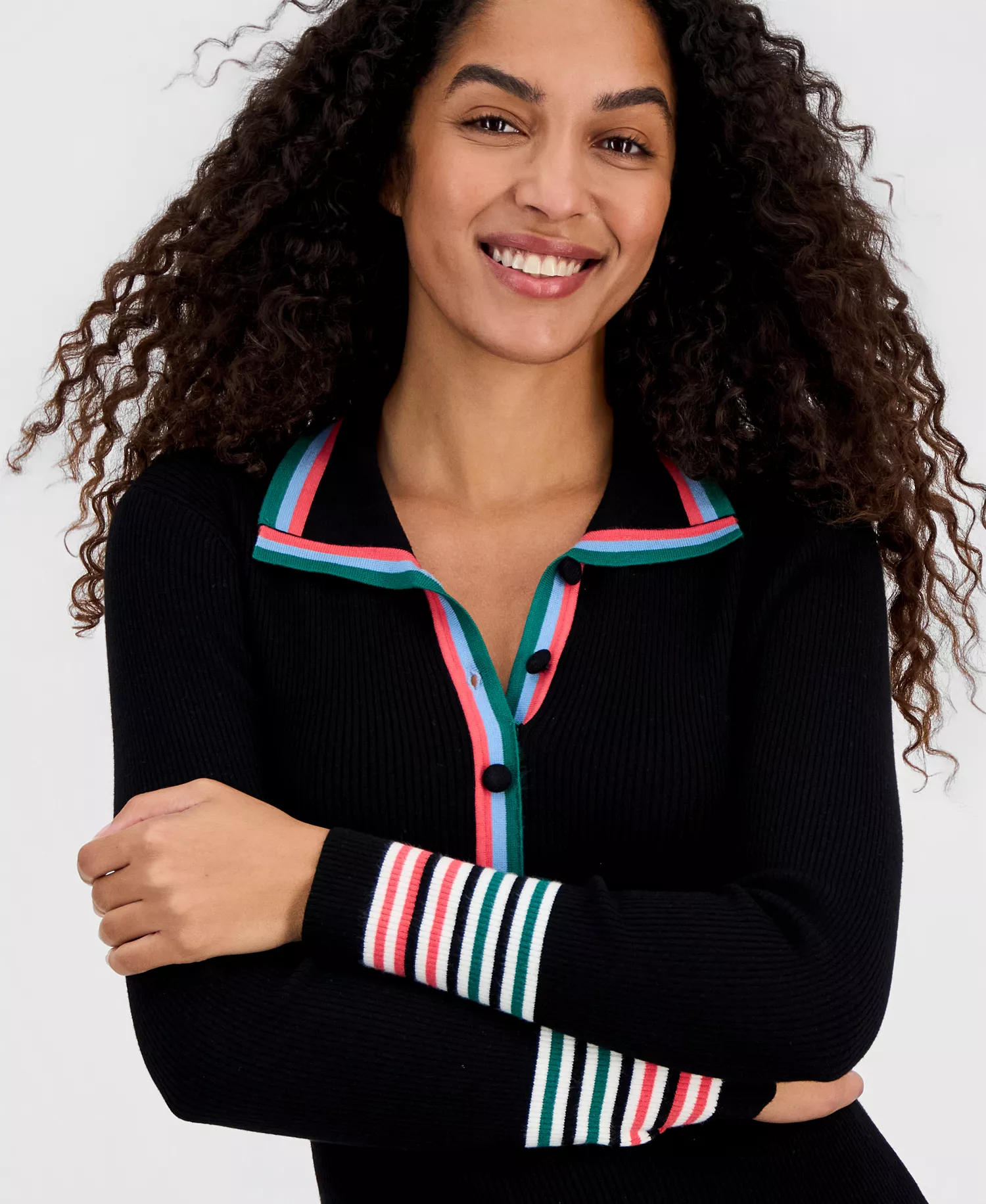 Women's Striped-Trim Collared Button Top - Black - M