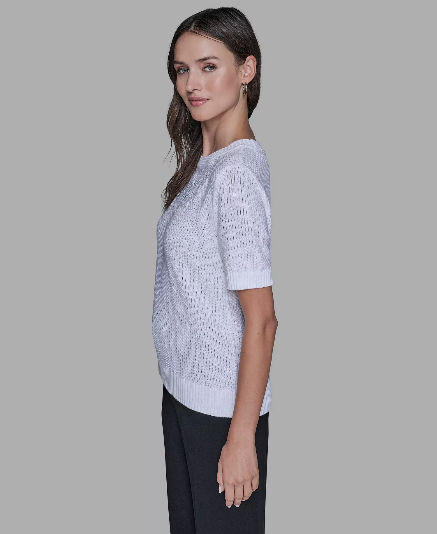 Women's Crewneck Floral Trimmed Sweater - Soft White - L