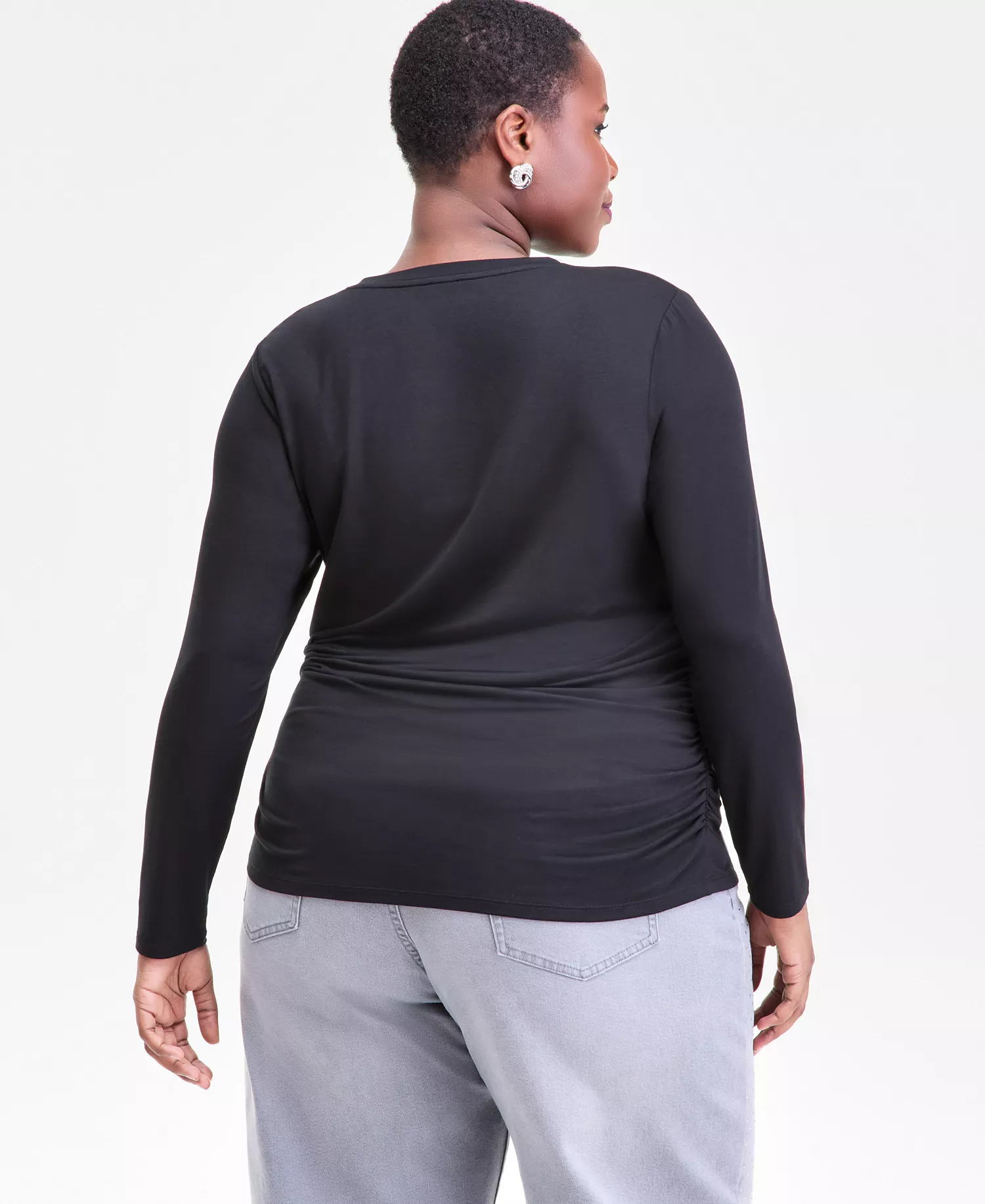 Plus Size V-Neck Long-Sleeve Layering Top, Macy's Exclusive - Deep Black - 0X