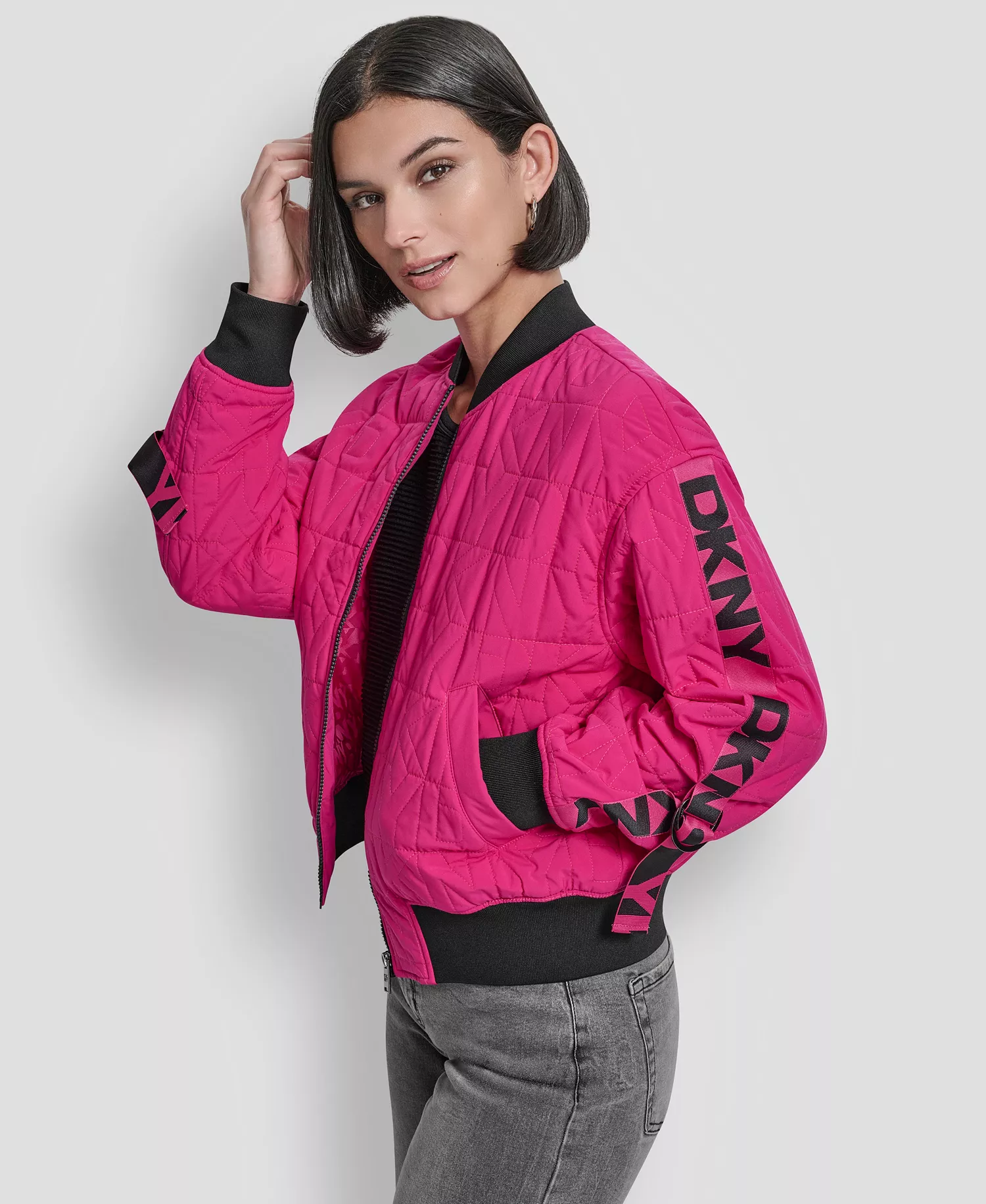 Women's Collar Zip-Front Quilted Bomber Jacket - Fuchsia - XS