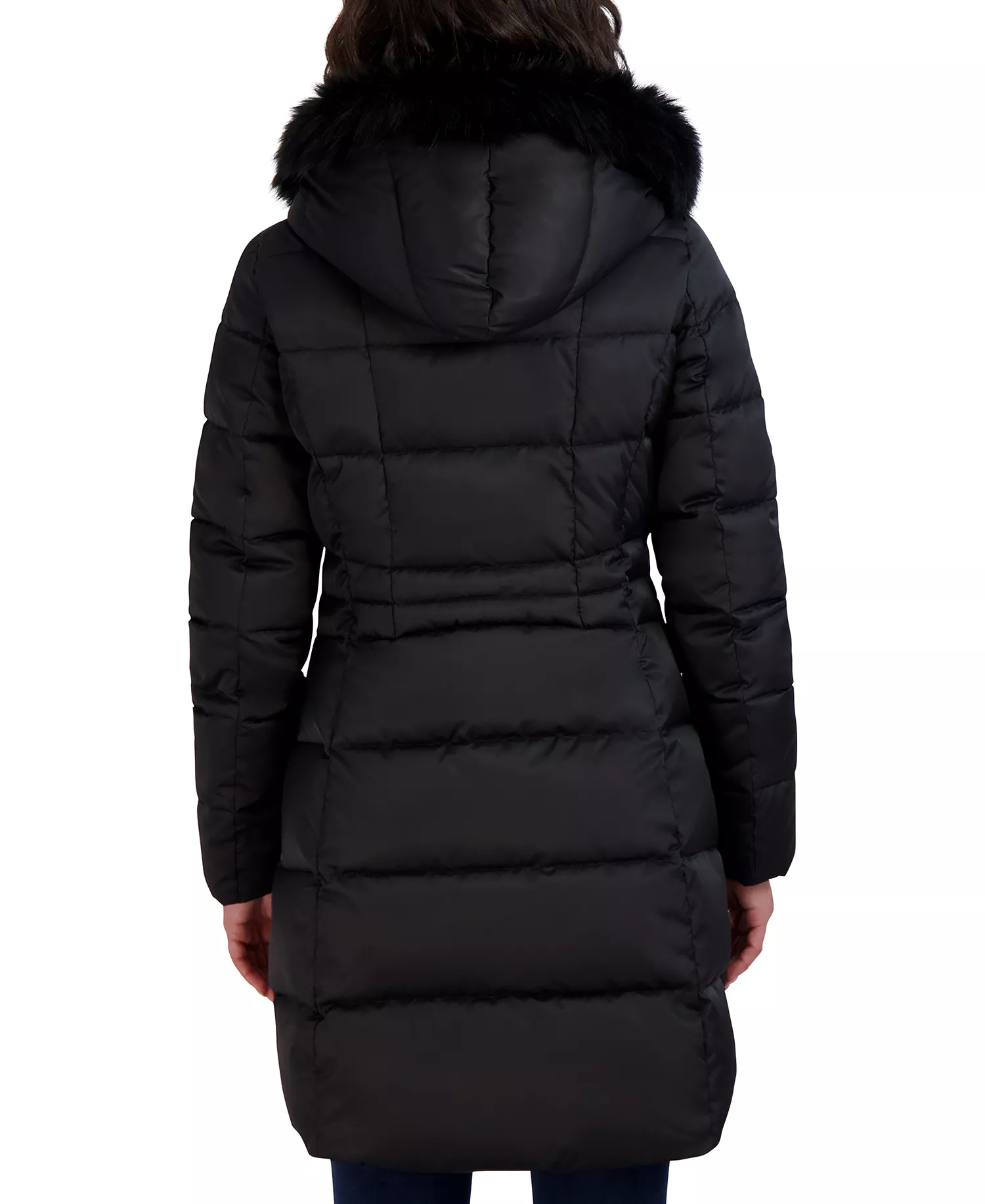 Womens Velvet Bibbed Faux-Fur Hooded Puffer Coat - Black - S