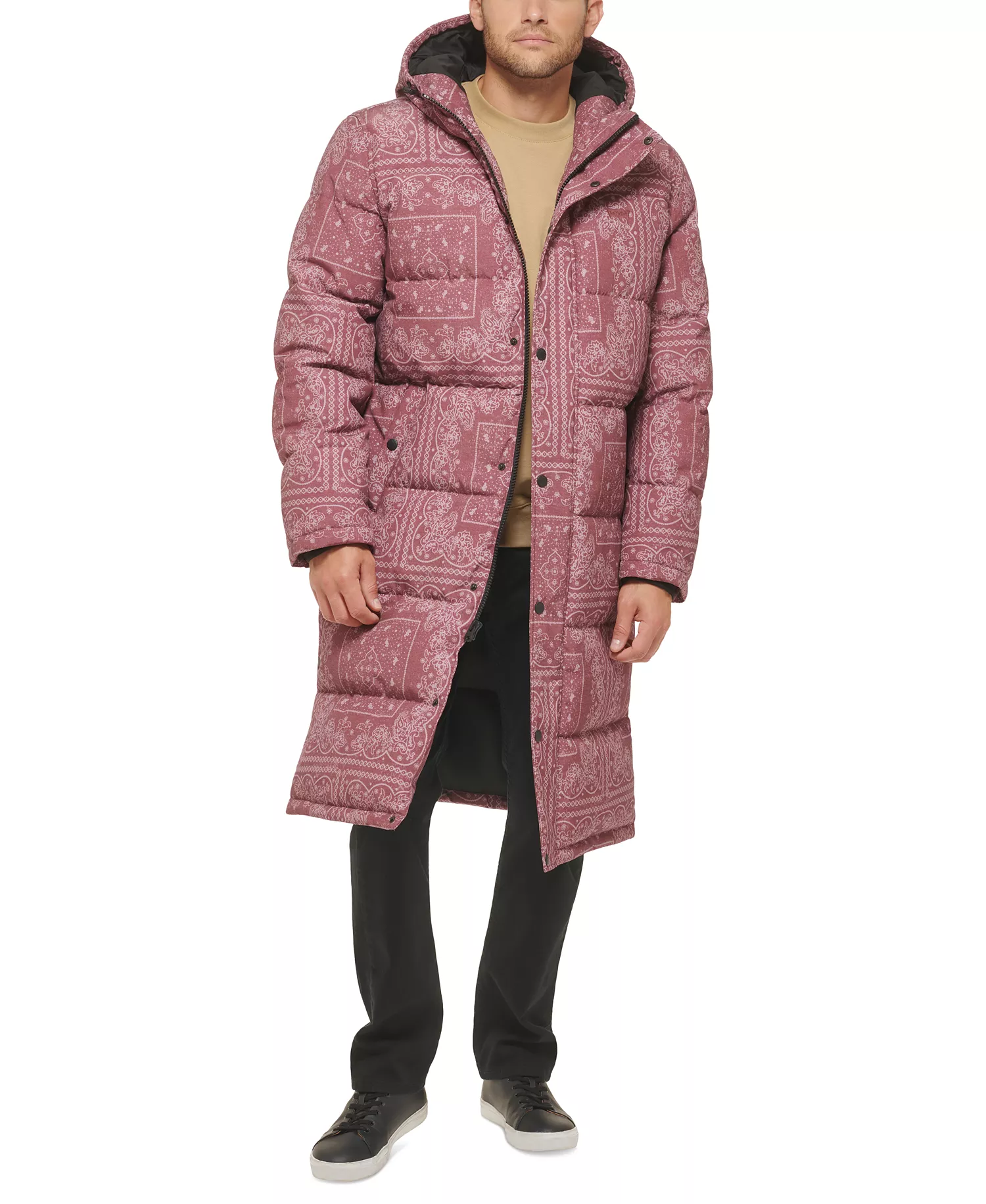 Men's Quilted Extra Long Parka Jacket - Mauve Bandana - 2XL