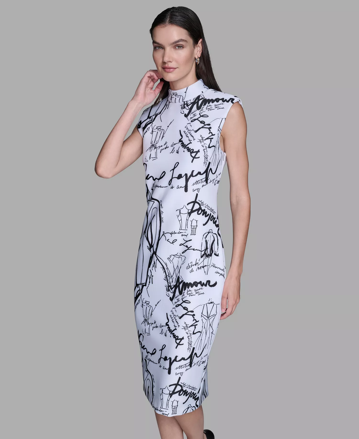 Women's Printed Paris Print Mock Neck Scuba Sheath Dress - Soft White Combo - 10