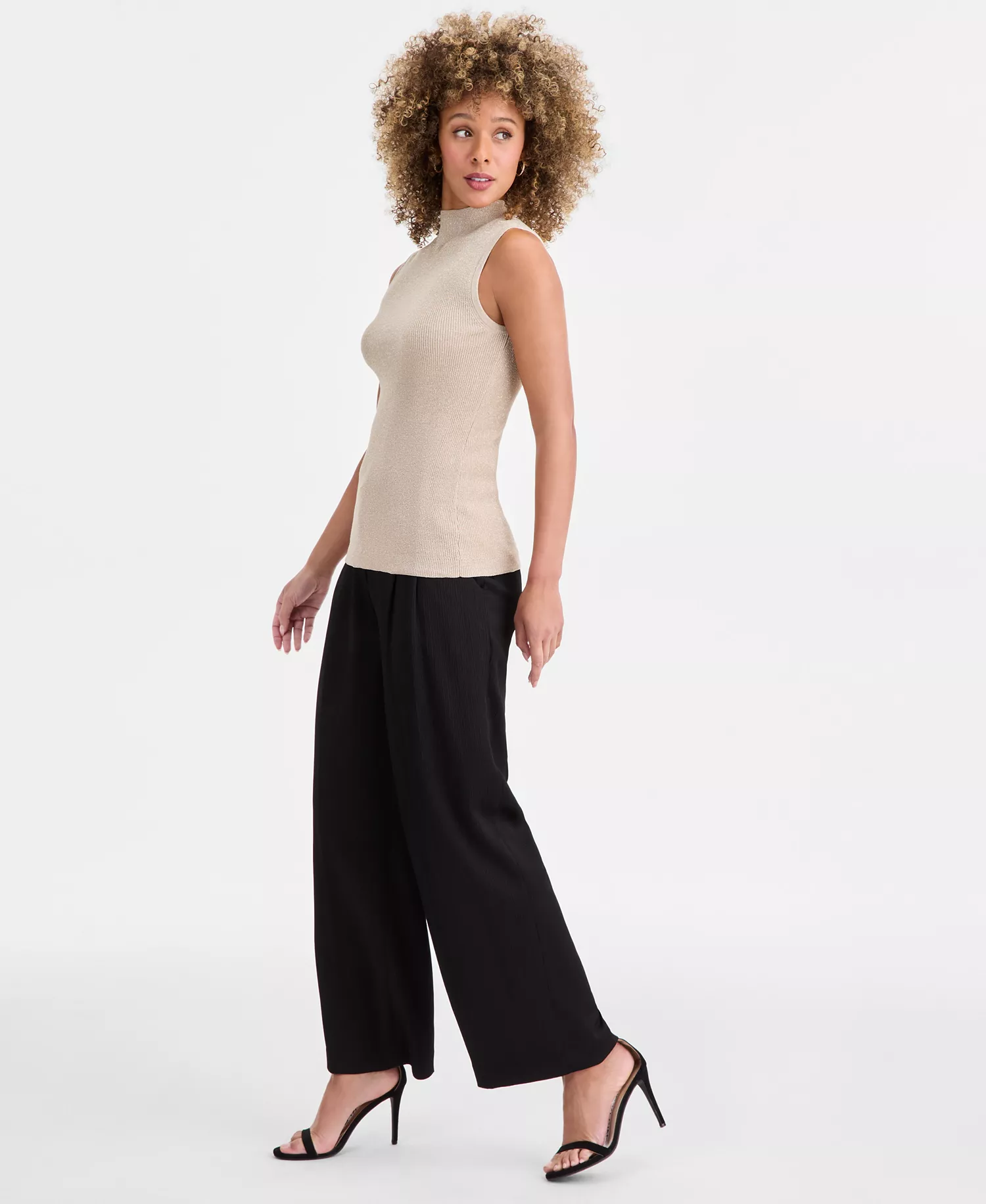 Petite Crinkle-Pleat Wide-Leg Pants - Black - 10P