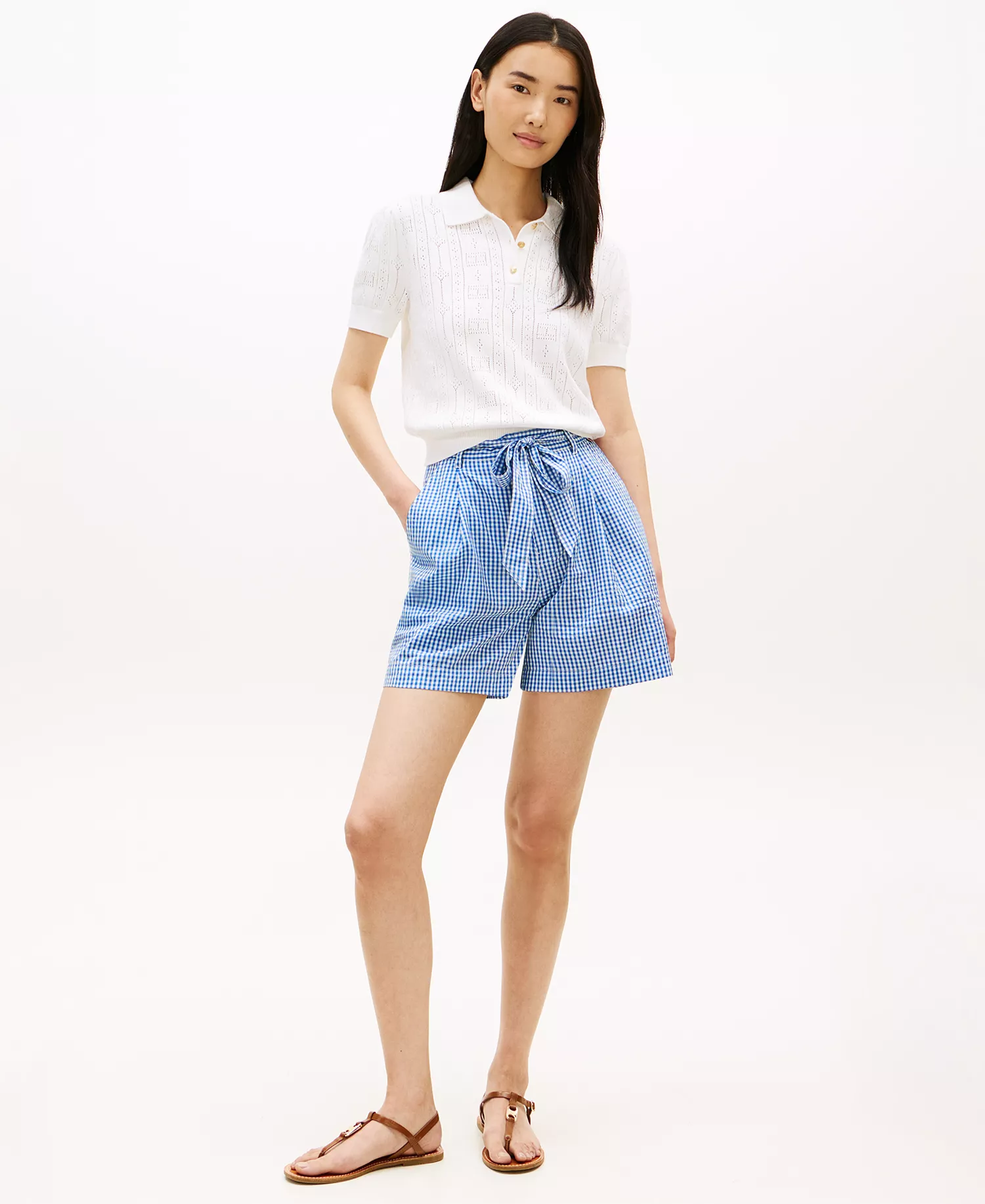Women's Gingham Woven Belted Shorts - Blue - L