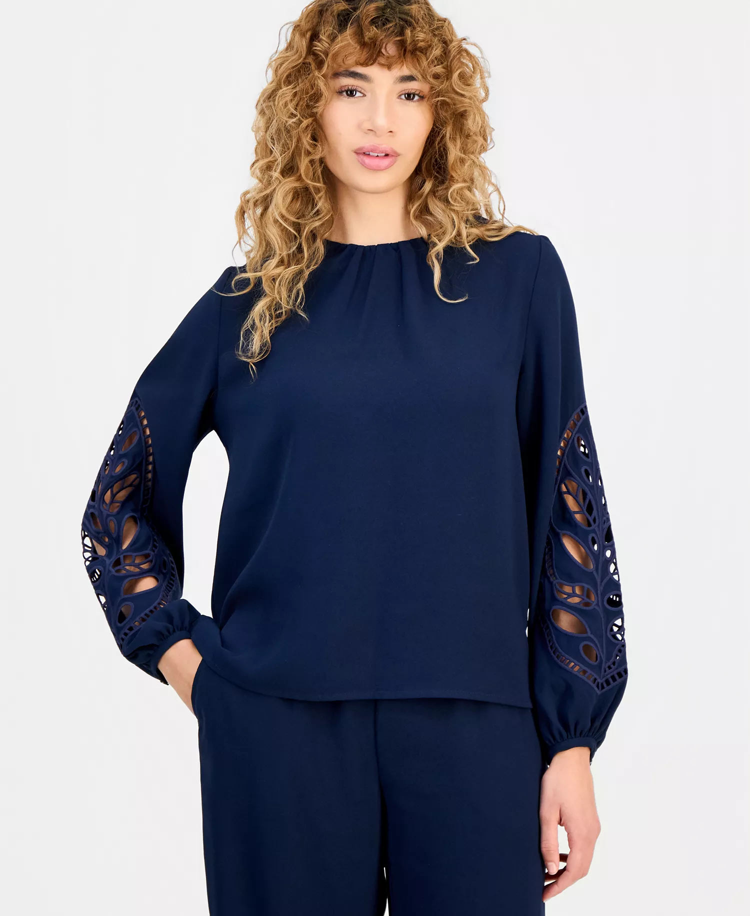 Women's Embroidered-Sleeve Crewneck Blouse - Navy - L