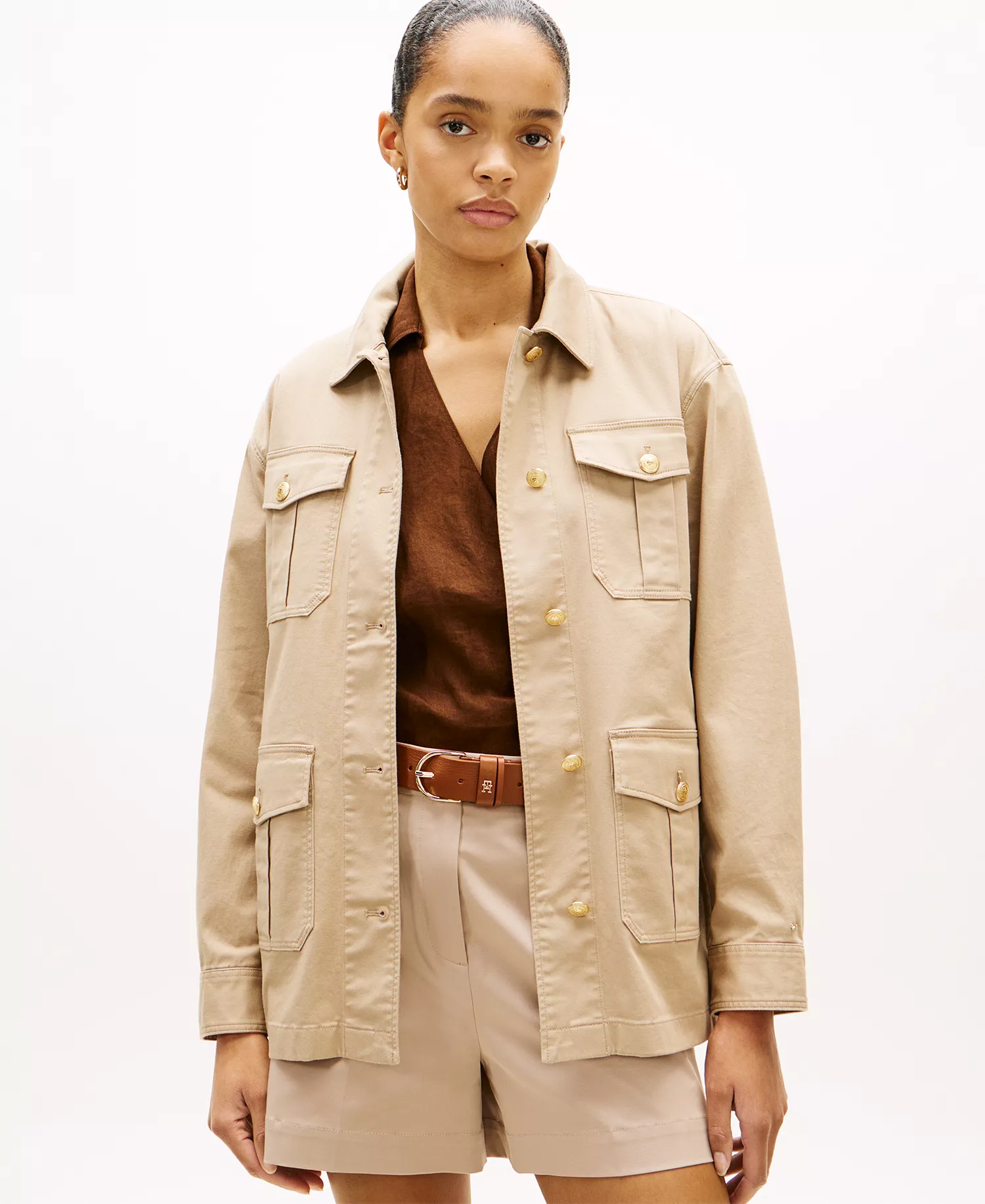 Women's Collared Front-Button Field Jacket - Beige - L