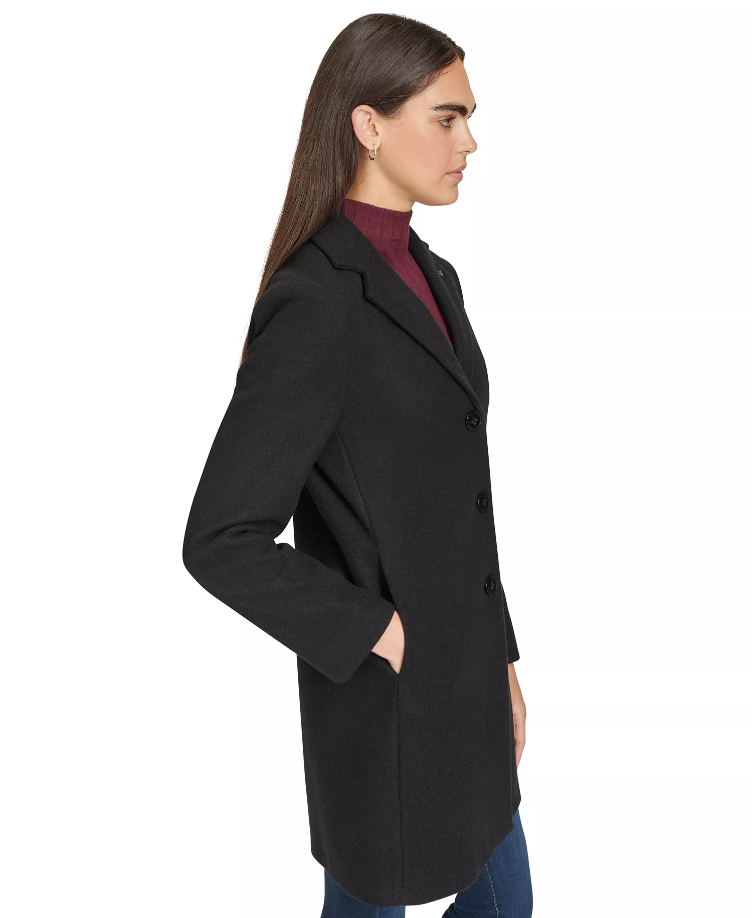 Women's Single-Breasted Notched-Collar Coat - Black - L