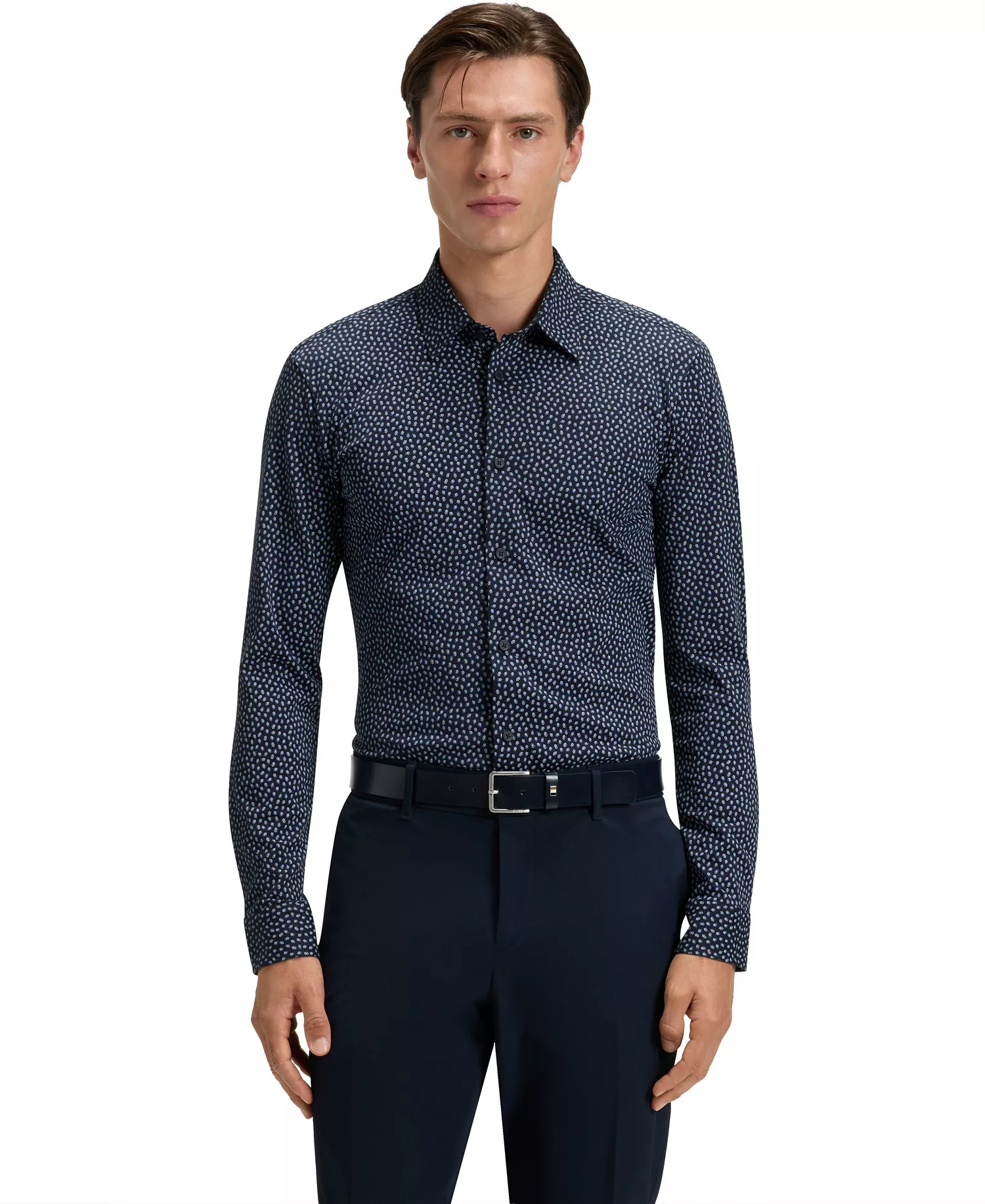 Men's Slim-Fit Cotton Blend Shirt - Dark Blue - L