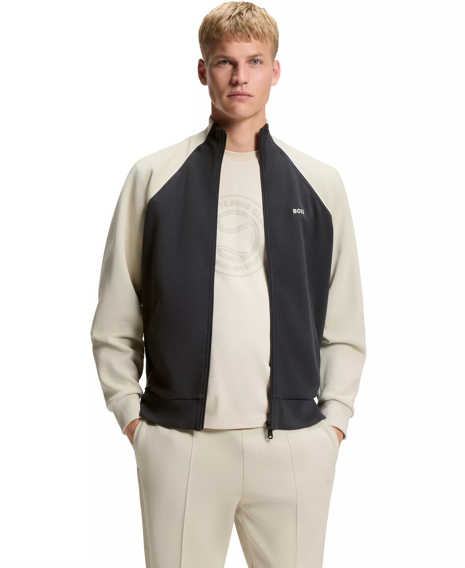 Men's Cotton-Blend Contrast Piping Sweatshirt - Dark Blue - 2XL