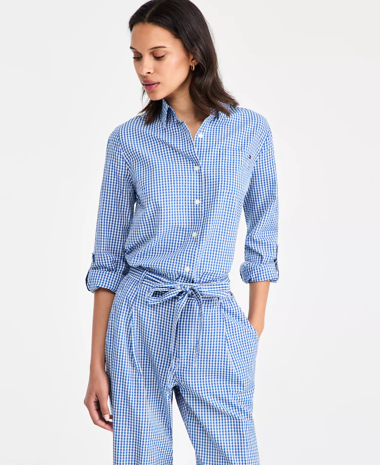 Women's Gingham Print Roll-Tab Shirt - Blue Orbit / Ecru Gingham - L