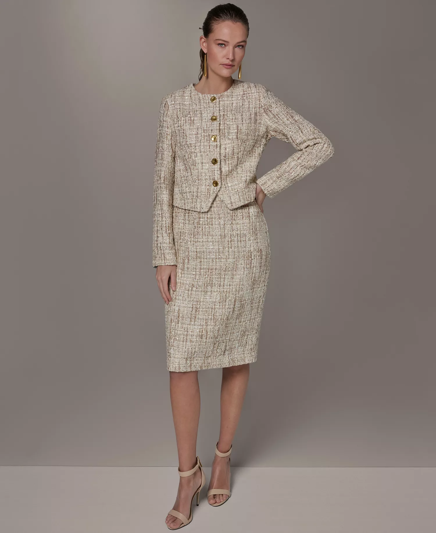 Petite Button-Front Cropped Jacket - Dark Cream Multi - 0P