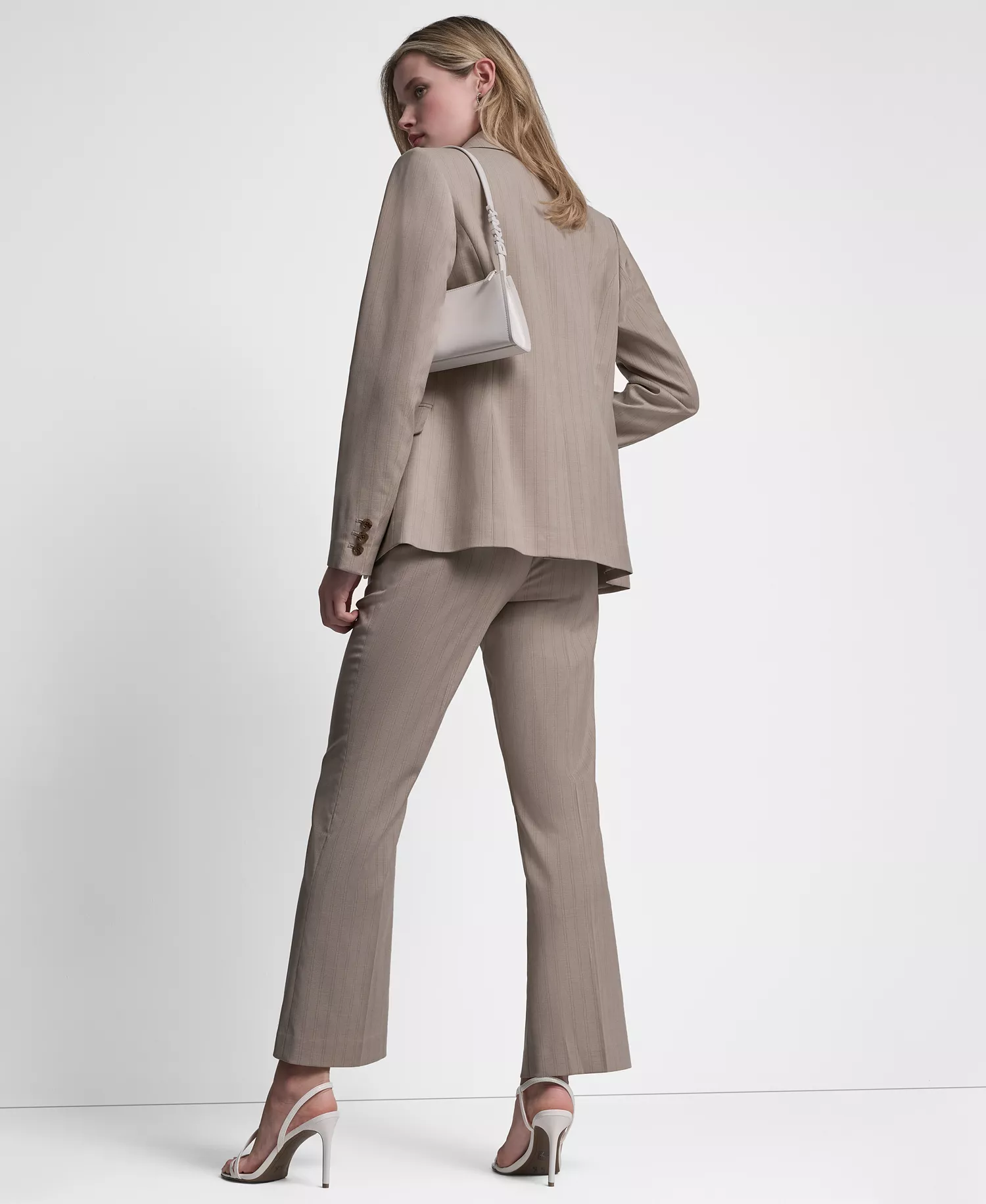 Women's Vertical Pinstripe Blazer Jacket - Pebble/Taupe Stripe - 0