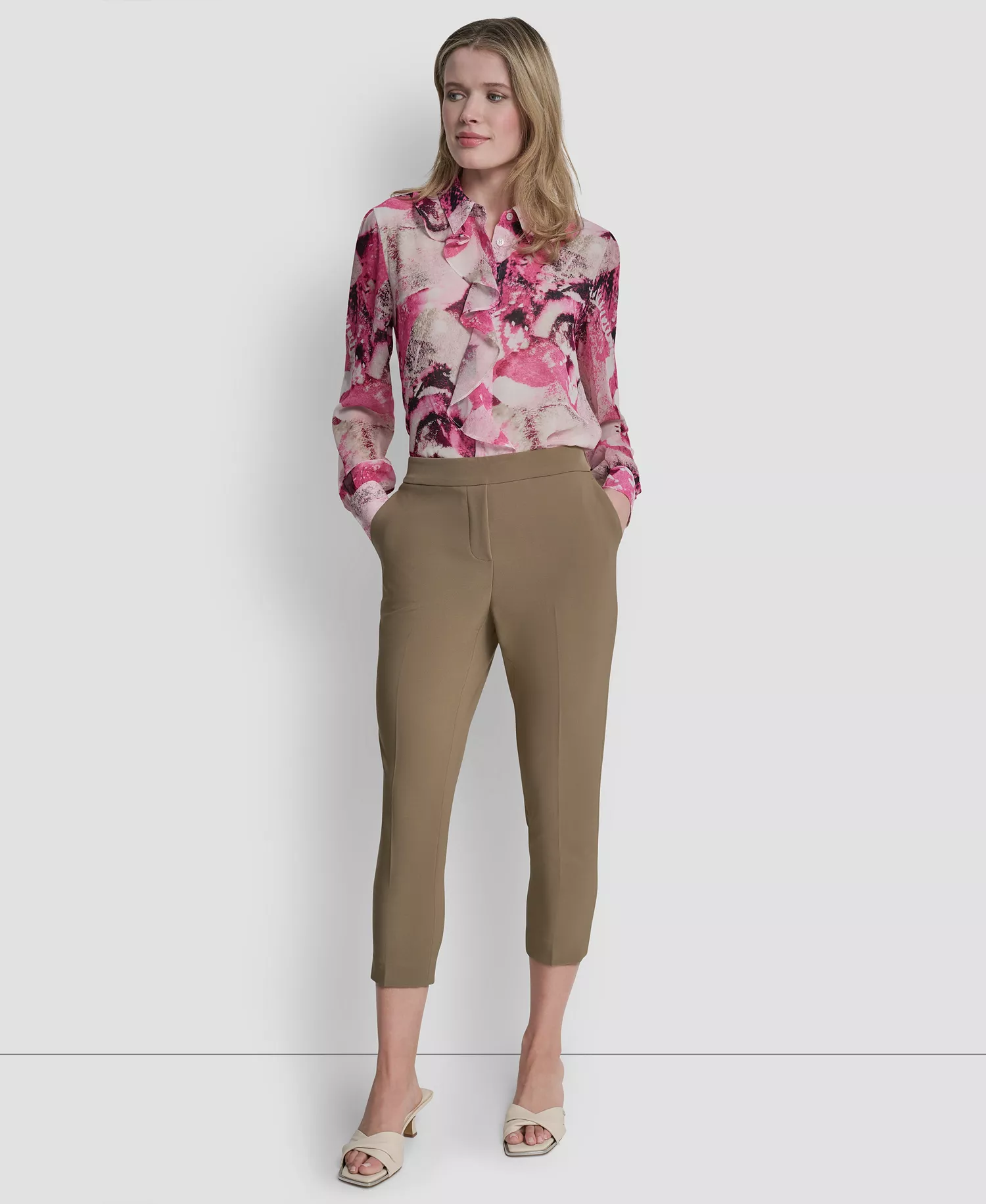 Petite Mid-Rise Elastic Back Ankle Pants - Beige - 0P