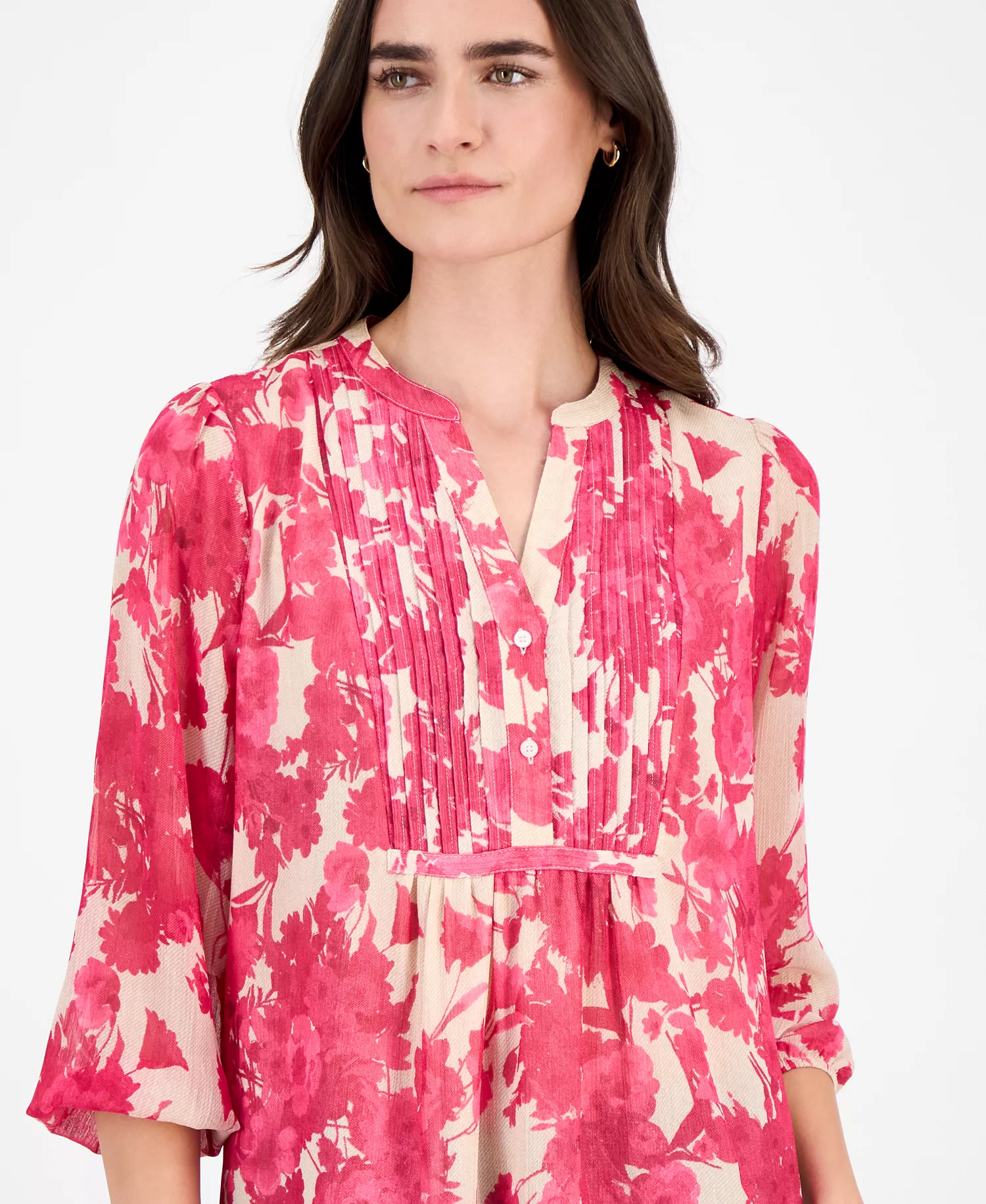 Nautica Women's Festival Floral Pintuck Blouse - Pink - L
