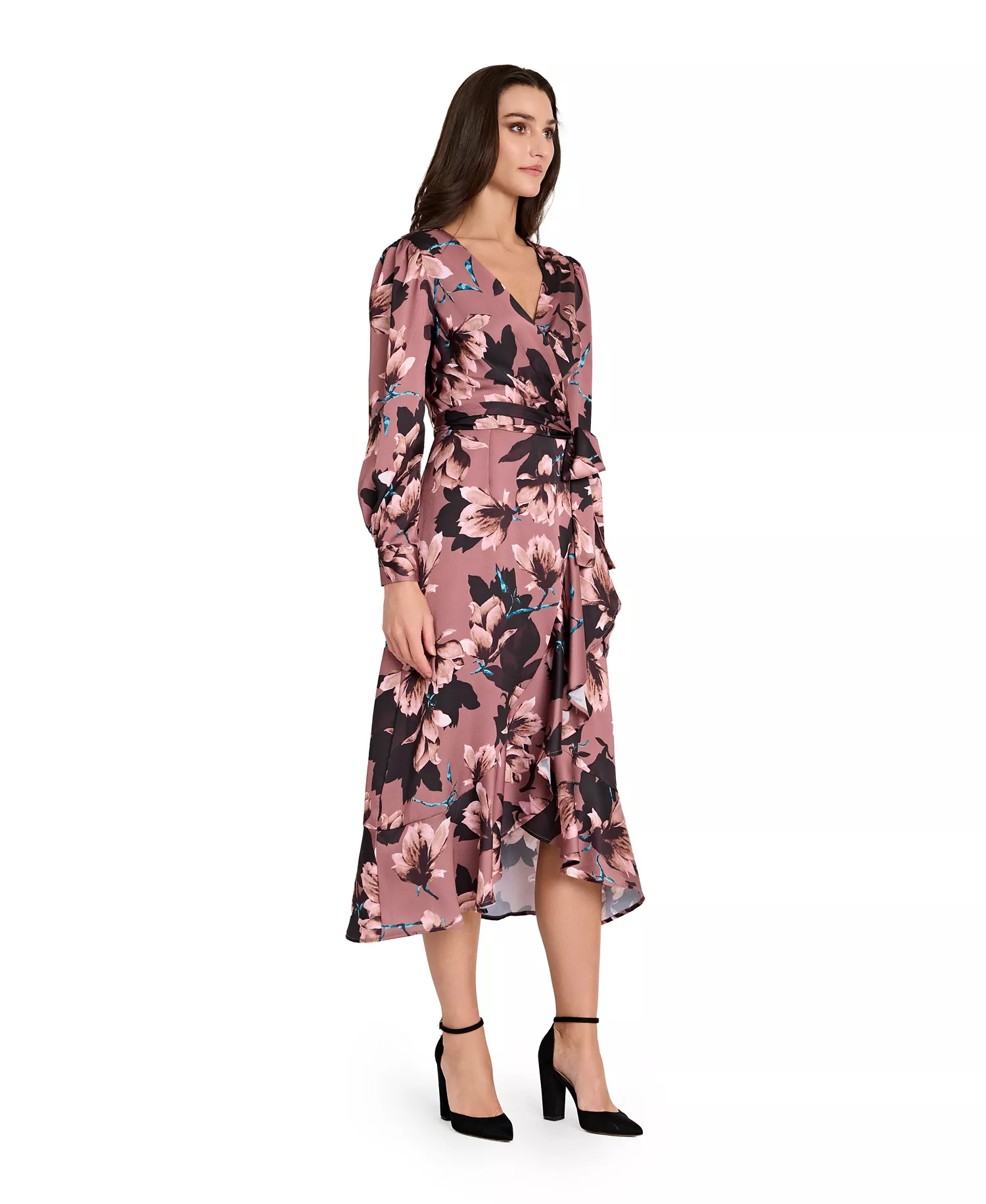 Women's V-Neck Ruffle Midi Dress - Mauve Floral - 10