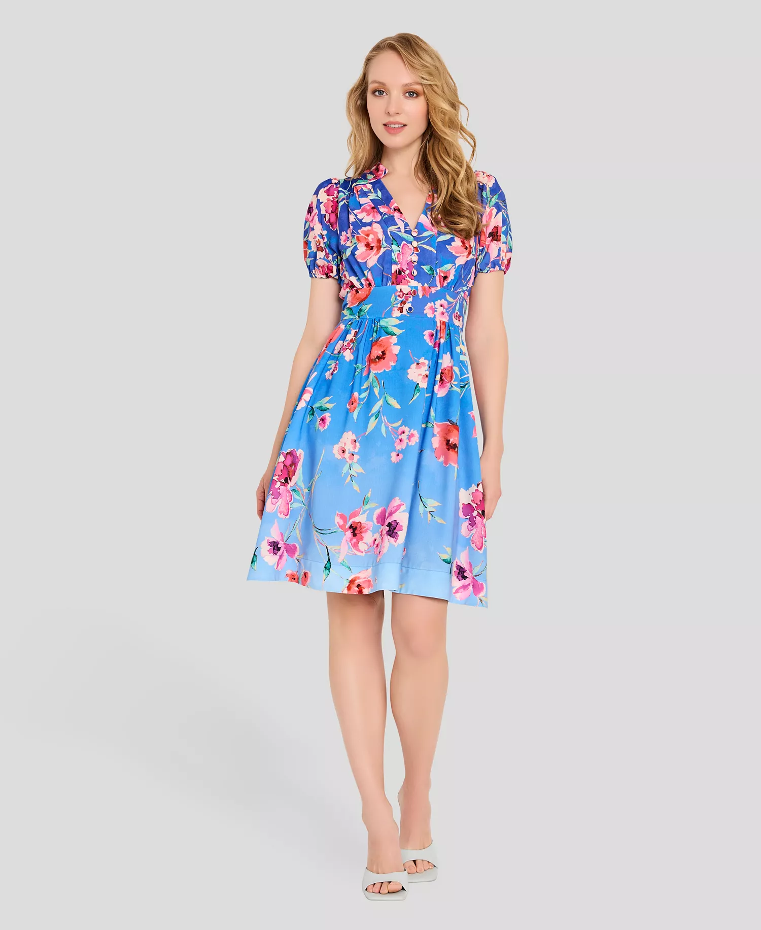 Petite V-neck Short-Sleeve Dress - Peri Floral - 0P