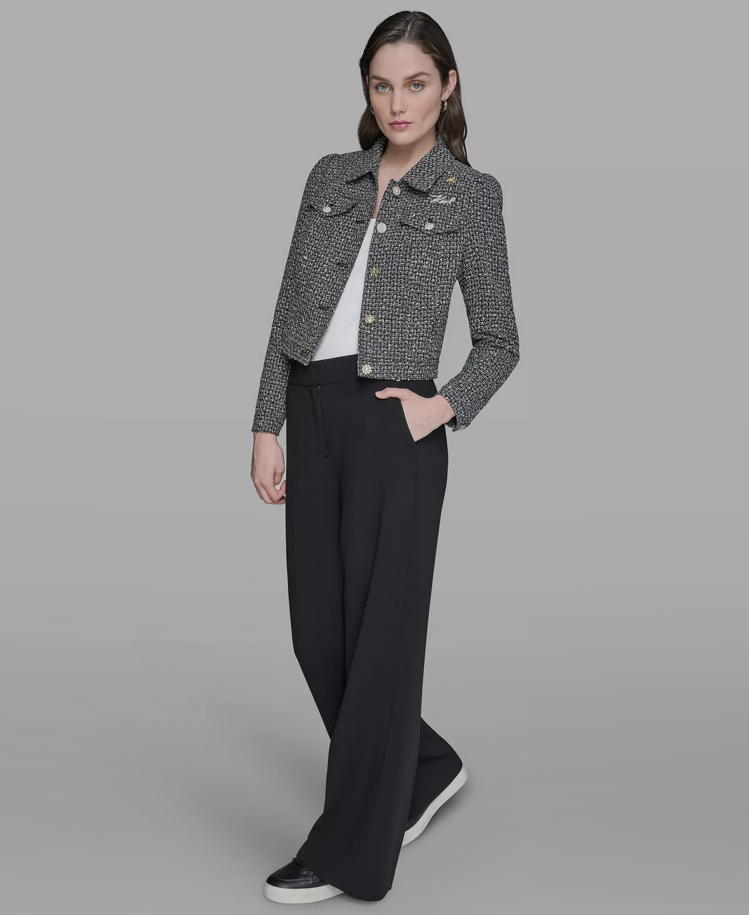 Women's Collared Button Front Tweed Jacket - Black/soft White - 14